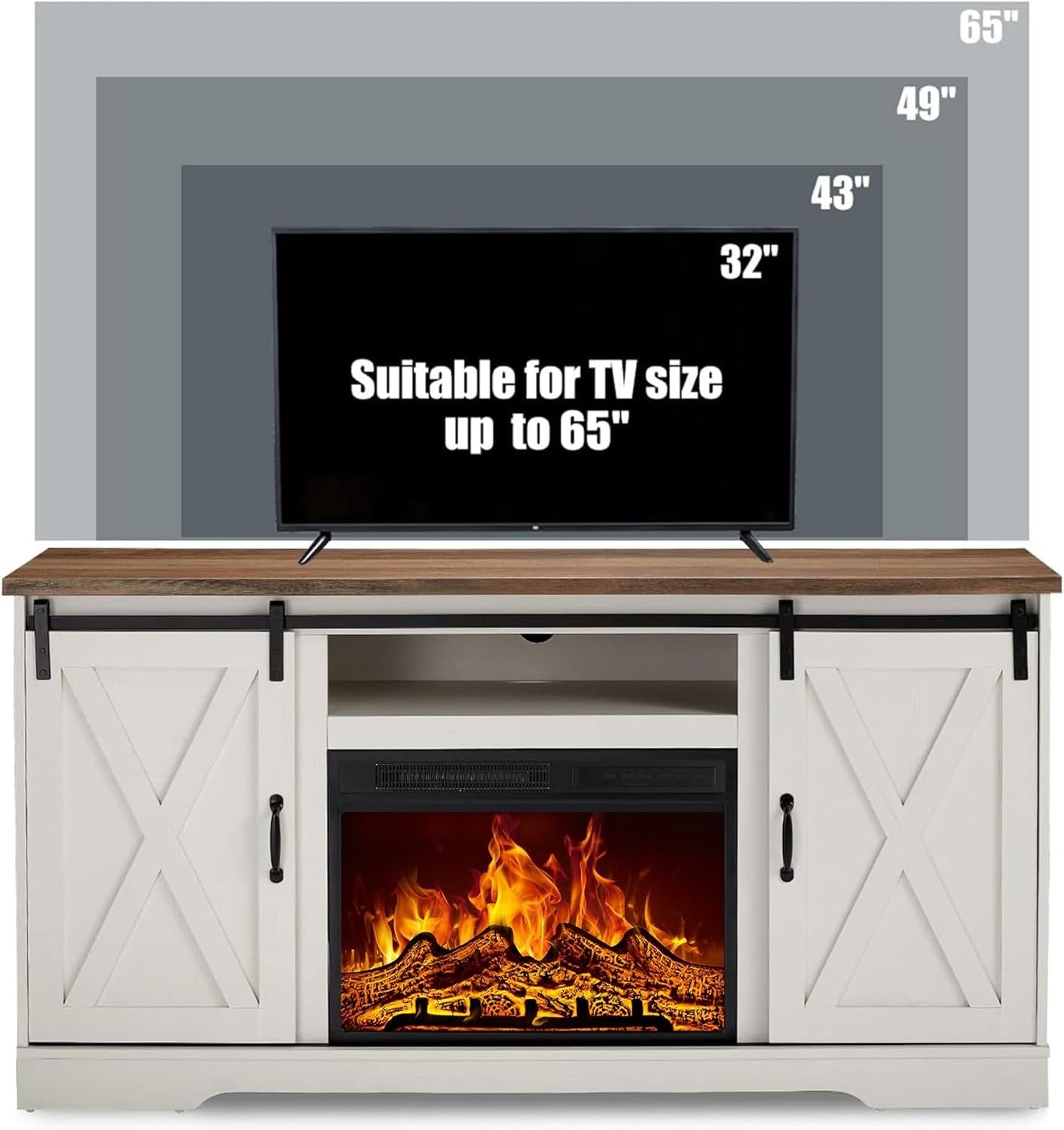AMERLIFE Fireplace TV Stand with Sliding Barn Door for TVs up to 65", Farmhouse 59" Fireplace Entertainment Center with Storage Cabinets/Adjustable Shelves, Distressed White & Barnwood