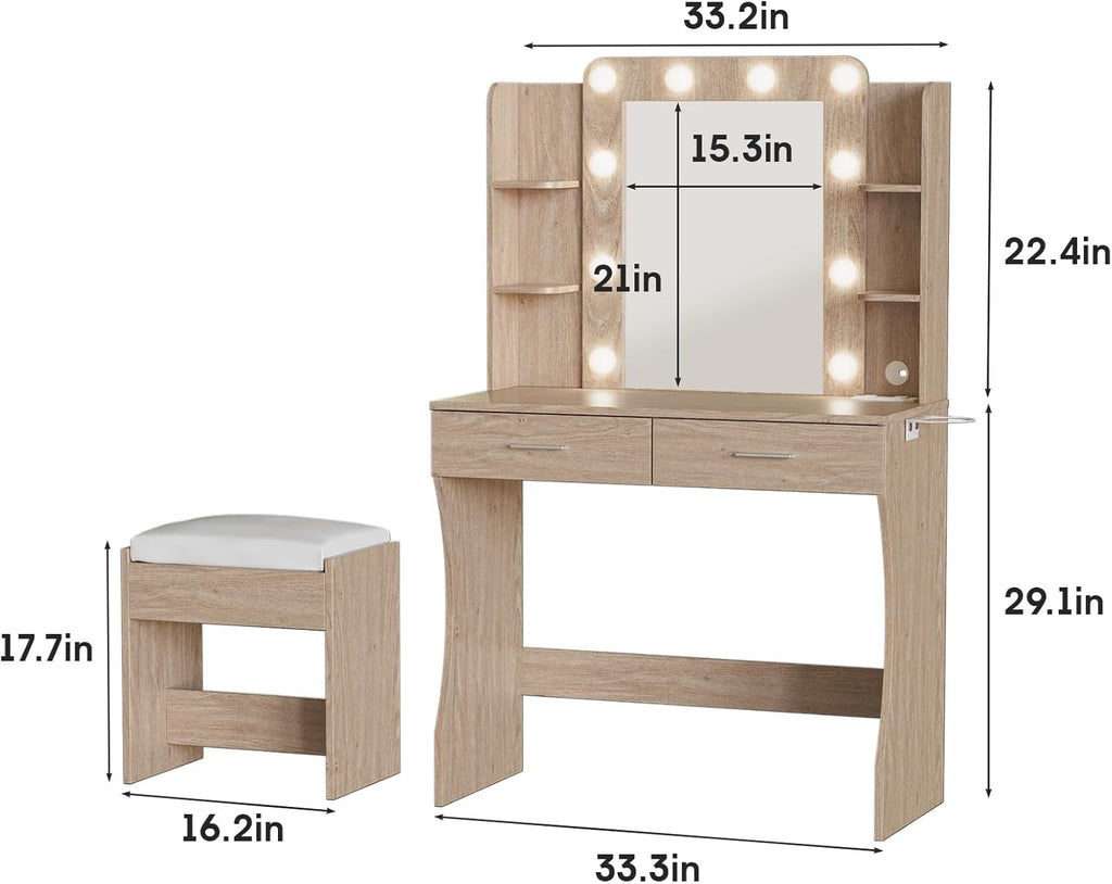 Vanity Desk with Lights,Makeup Vanity with Power Strip,Dressing Table Set with 2 Large Drawers,Vanity Mirror 3 Lighting Color Adjustable,White