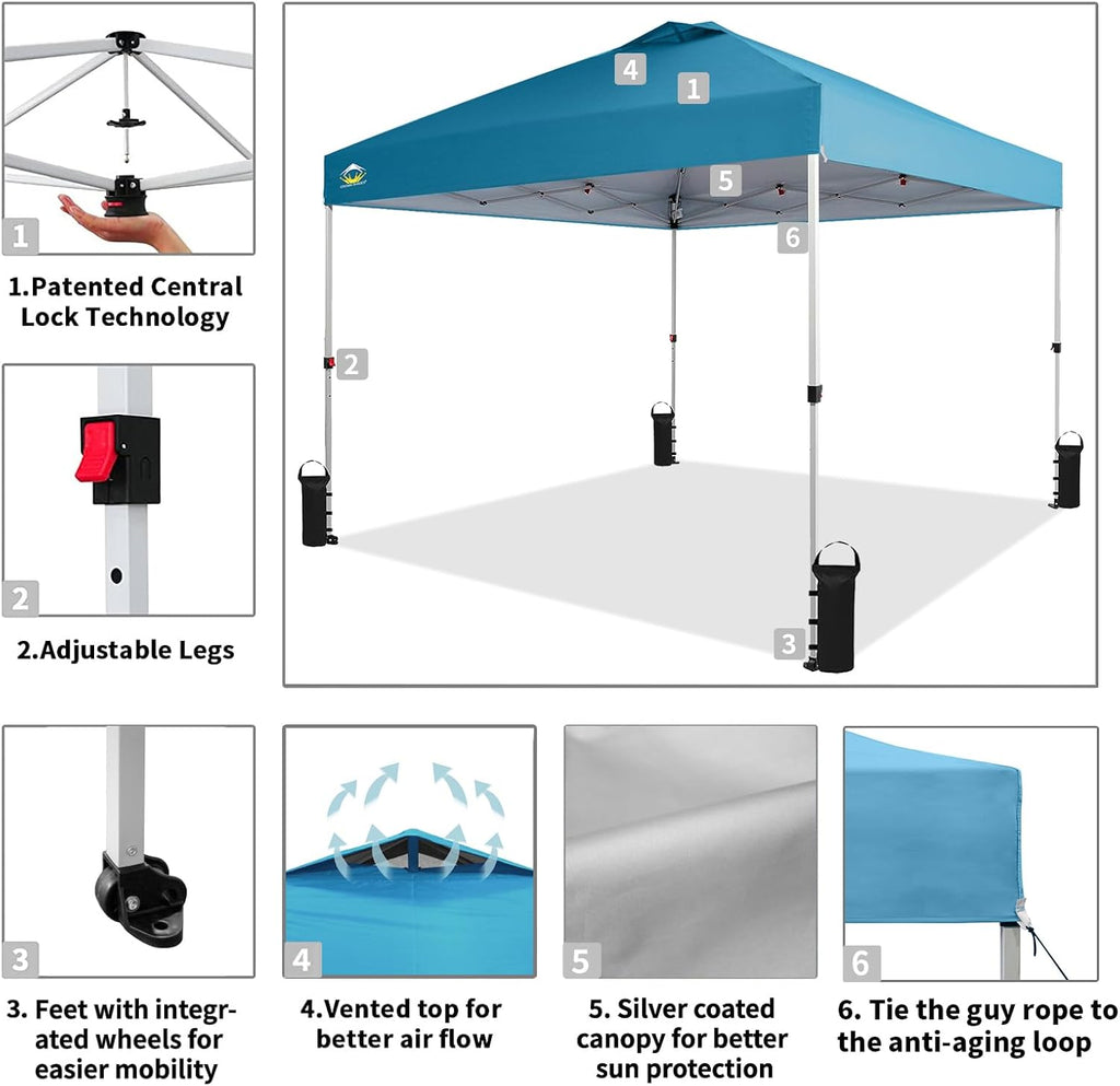 CROWN SHADES 10x10 Pop Up Canopy - Beach Tent with One Push Setup - Easy Outdoor Sun Shade for Events, Parties, Camping - Gazebo with STO-N-Go Cover Bag, Silver Coated Top, Grid White