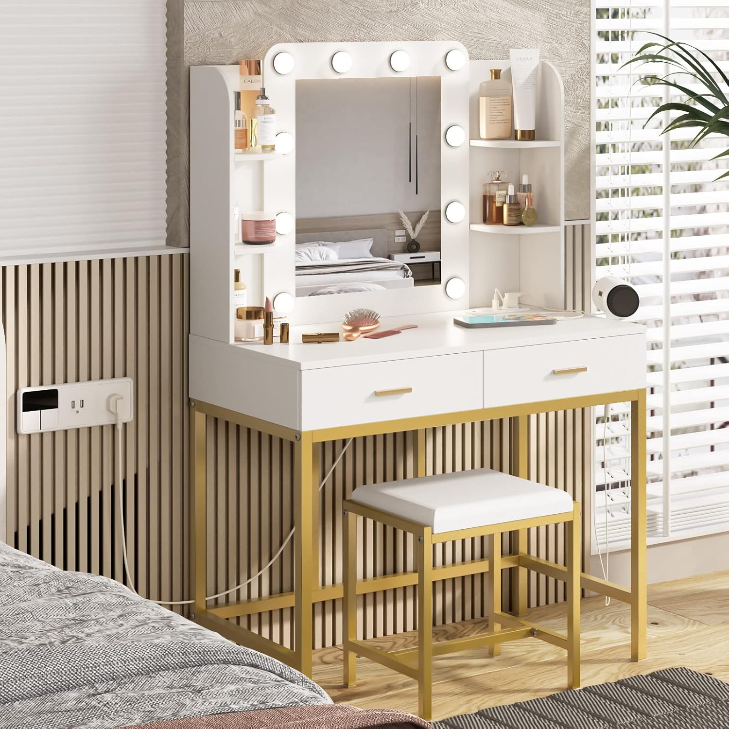 Vanity Desk with Lights,Makeup Vanity with Power Strip,Dressing Table Set with 2 Large Drawers,Vanity Mirror 3 Lighting Color Adjustable,White