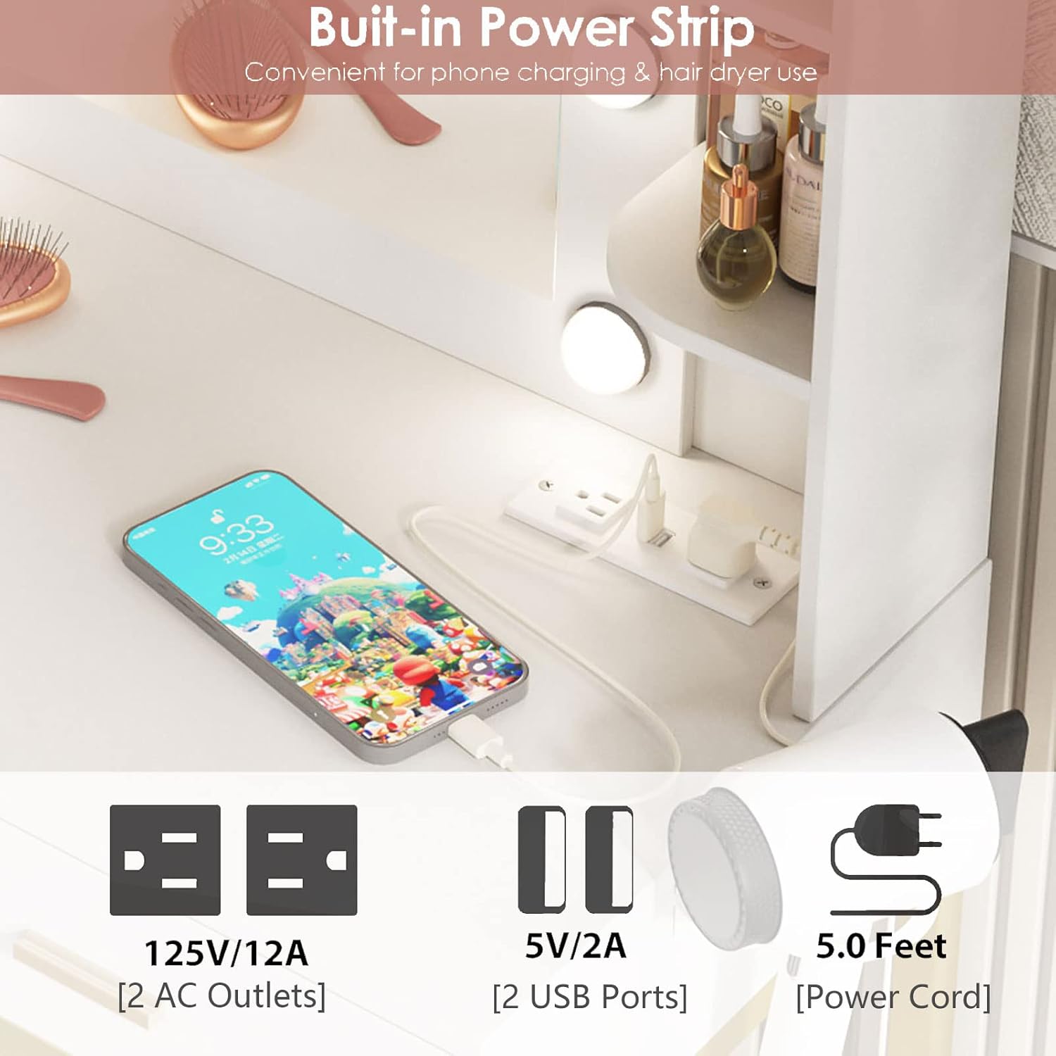 Vanity Desk with Lights,Makeup Vanity with Power Strip,Dressing Table Set with 2 Large Drawers,Vanity Mirror 3 Lighting Color Adjustable,White