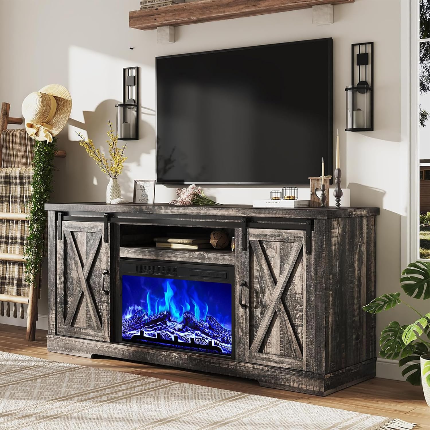 AMERLIFE Fireplace TV Stand with Sliding Barn Door for TVs up to 65", Farmhouse 59" Fireplace Entertainment Center with Storage Cabinets/Adjustable Shelves, Distressed White & Barnwood