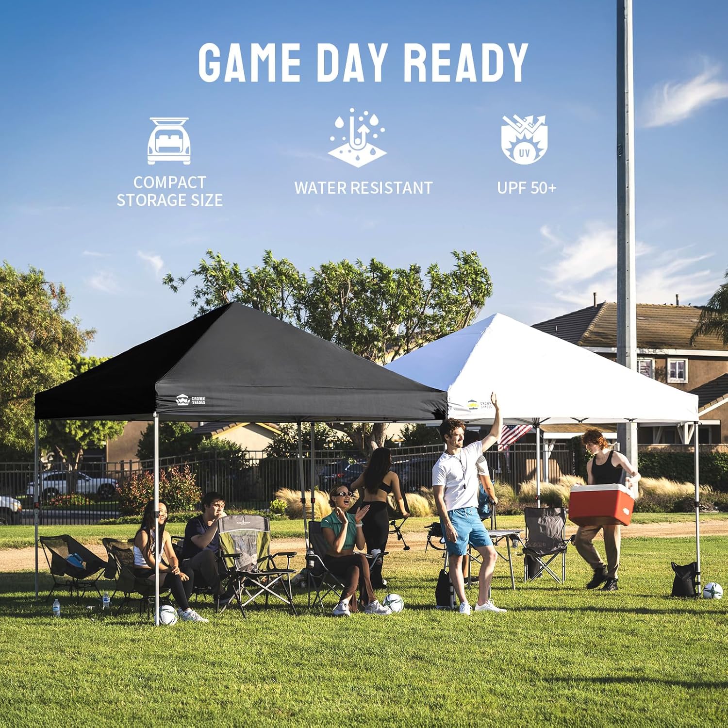 CROWN SHADES 10x10 Pop Up Canopy - Beach Tent with One Push Setup - Easy Outdoor Sun Shade for Events, Parties, Camping - Gazebo with STO-N-Go Cover Bag, Silver Coated Top, Grid White