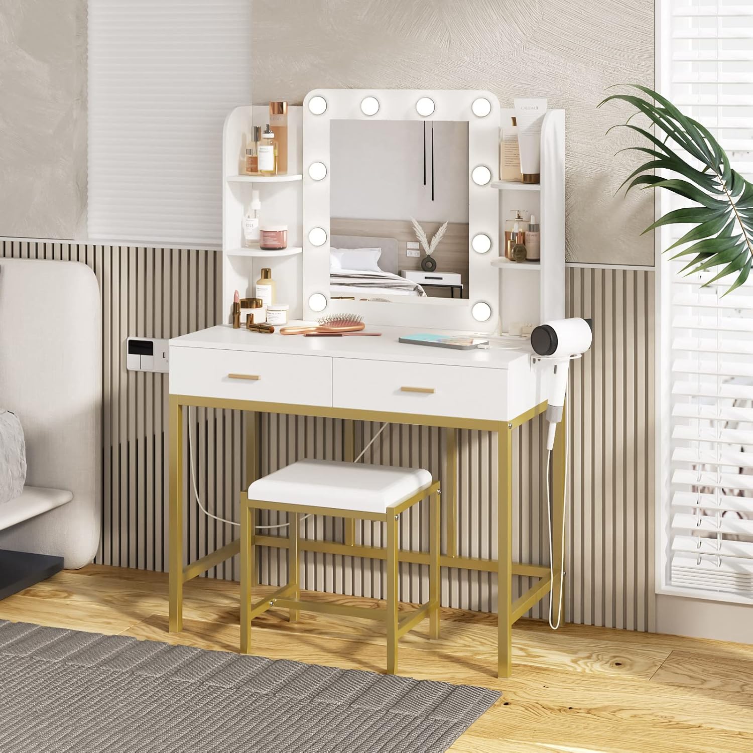 Vanity Desk with Lights,Makeup Vanity with Power Strip,Dressing Table Set with 2 Large Drawers,Vanity Mirror 3 Lighting Color Adjustable,White