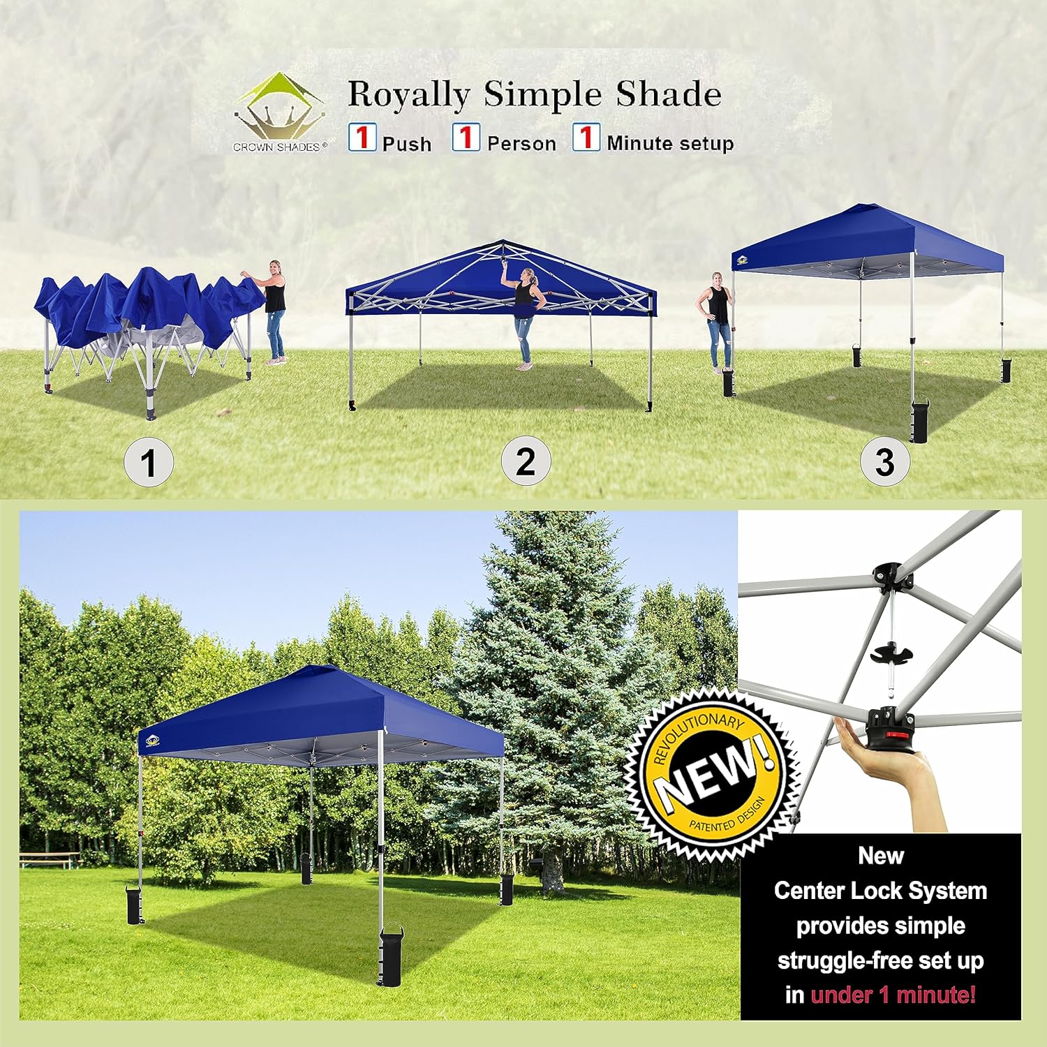 CROWN SHADES 10x10 Pop Up Canopy - Beach Tent with One Push Setup - Easy Outdoor Sun Shade for Events, Parties, Camping - Gazebo with STO-N-Go Cover Bag, Silver Coated Top, Grid White
