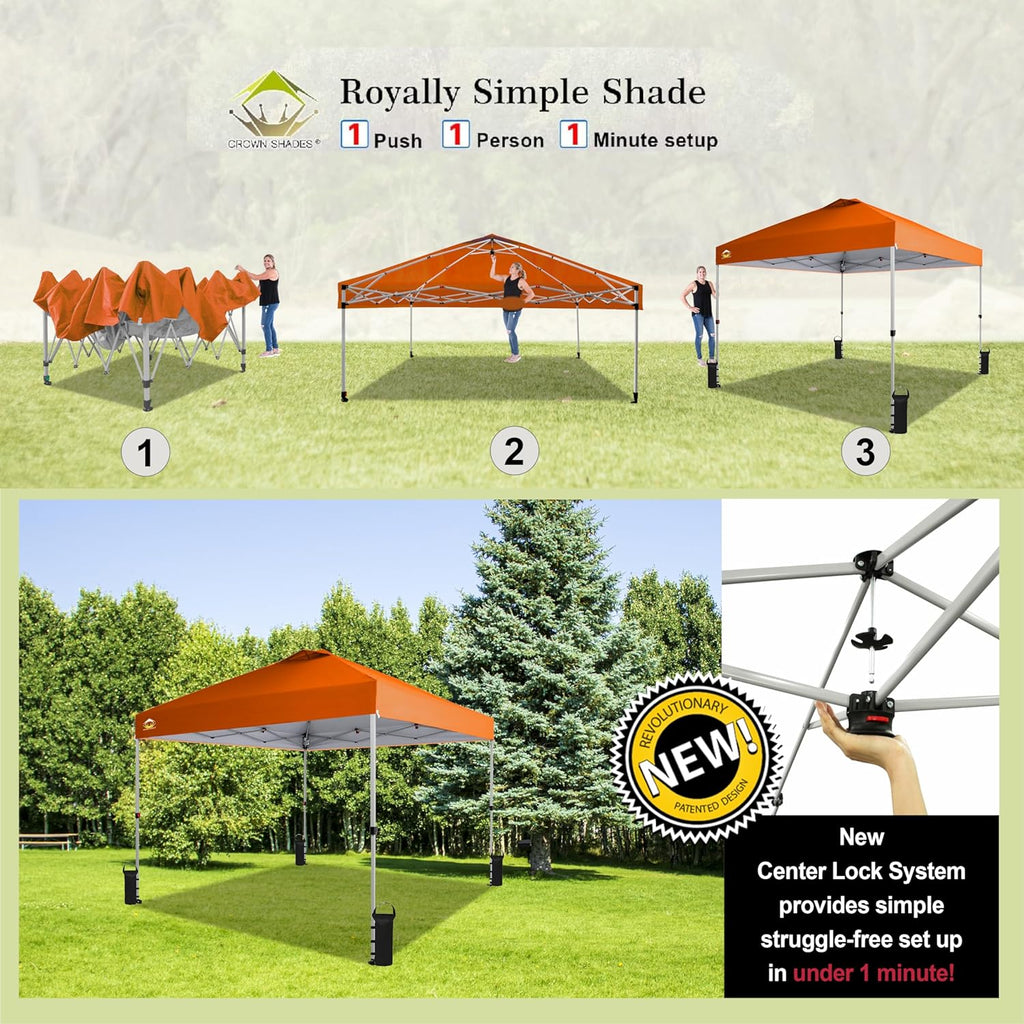CROWN SHADES 10x10 Pop Up Canopy - Beach Tent with One Push Setup - Easy Outdoor Sun Shade for Events, Parties, Camping - Gazebo with STO-N-Go Cover Bag, Silver Coated Top, Grid White