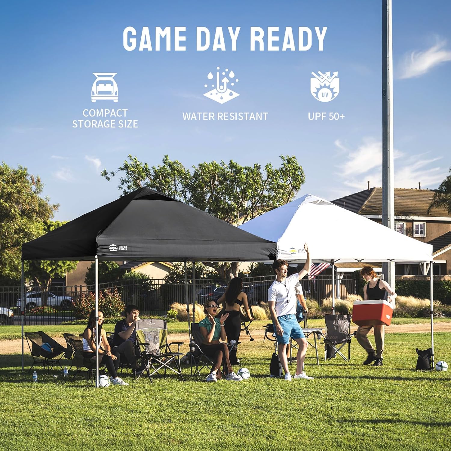 CROWN SHADES 10x10 Pop Up Canopy - Beach Tent with One Push Setup - Easy Outdoor Sun Shade for Events, Parties, Camping - Gazebo with STO-N-Go Cover Bag, Silver Coated Top, Grid White