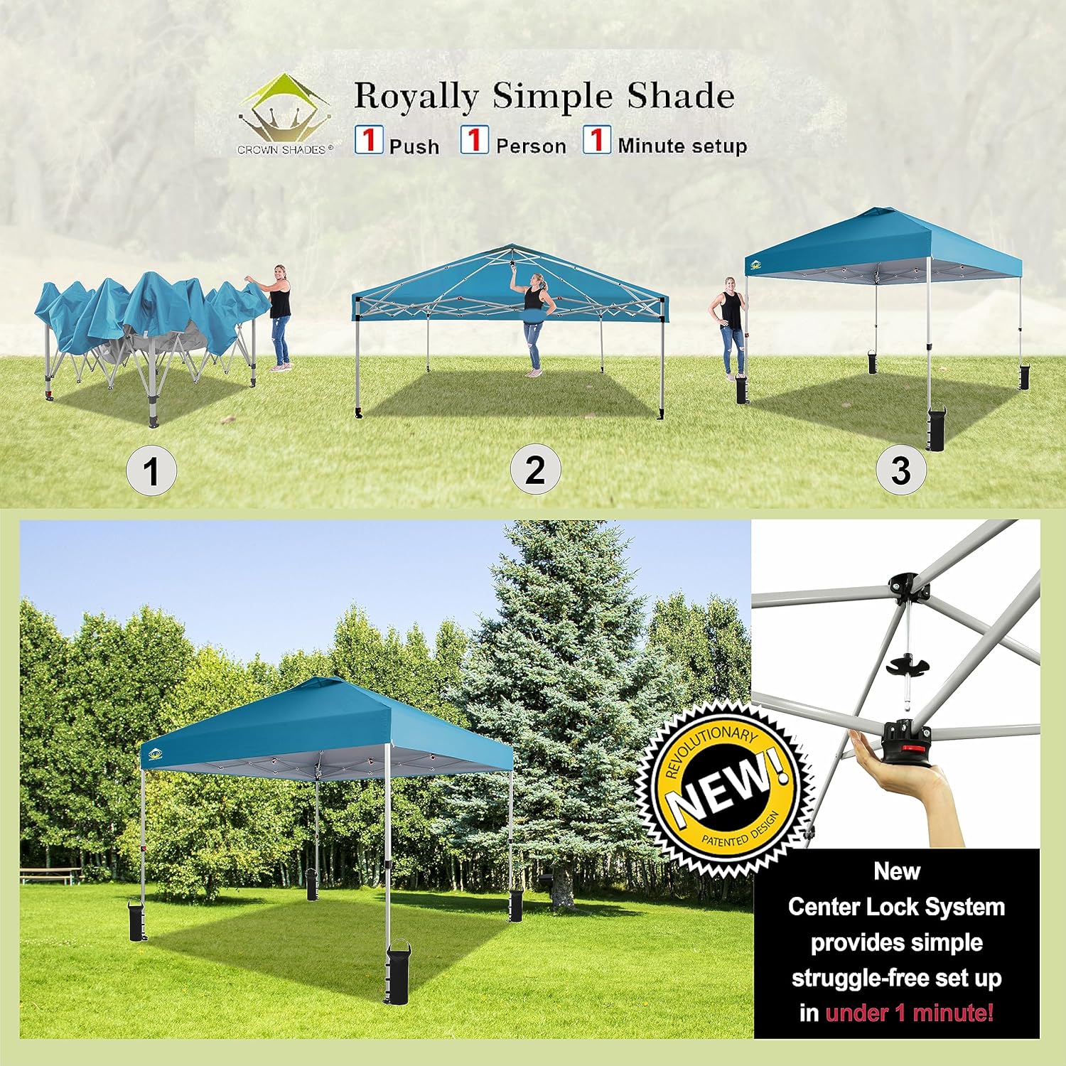 CROWN SHADES 10x10 Pop Up Canopy - Beach Tent with One Push Setup - Easy Outdoor Sun Shade for Events, Parties, Camping - Gazebo with STO-N-Go Cover Bag, Silver Coated Top, Grid White