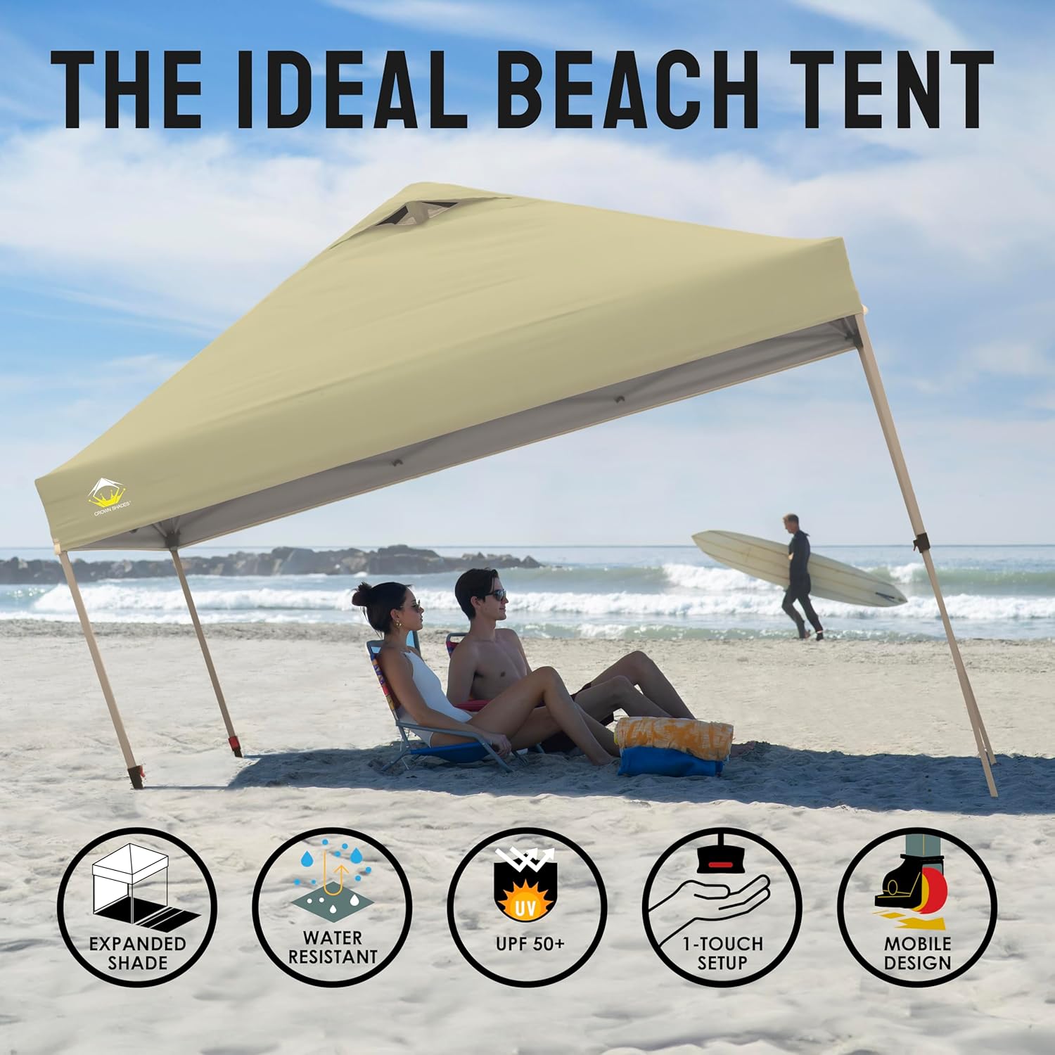 CROWN SHADES 10x10 Pop Up Canopy - Beach Tent with One Push Setup - Easy Outdoor Sun Shade for Events, Parties, Camping - Gazebo with STO-N-Go Cover Bag, Silver Coated Top, Grid White