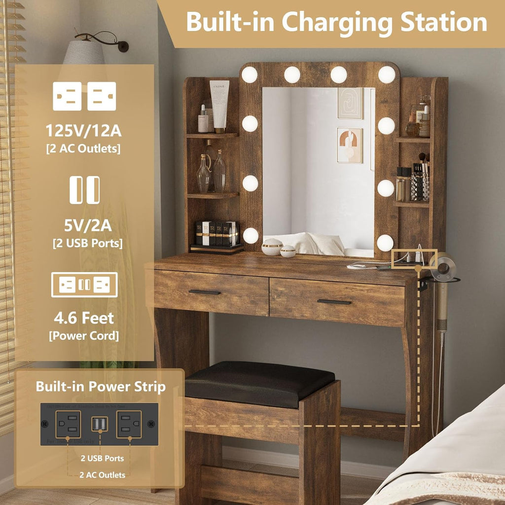 Vanity Desk with Lights,Makeup Vanity with Power Strip,Dressing Table Set with 2 Large Drawers,Vanity Mirror 3 Lighting Color Adjustable,White