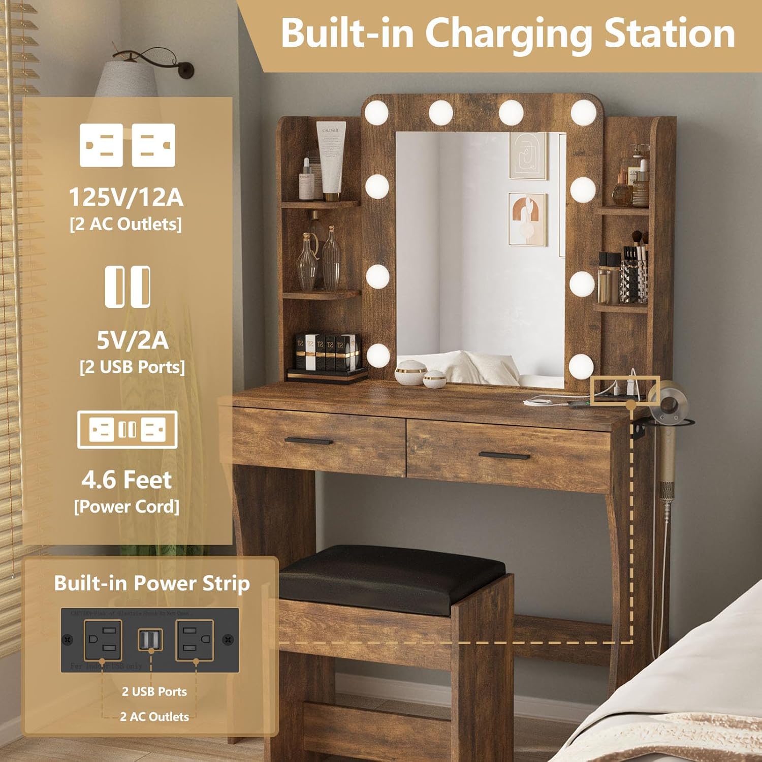 Vanity Desk with Lights,Makeup Vanity with Power Strip,Dressing Table Set with 2 Large Drawers,Vanity Mirror 3 Lighting Color Adjustable,White