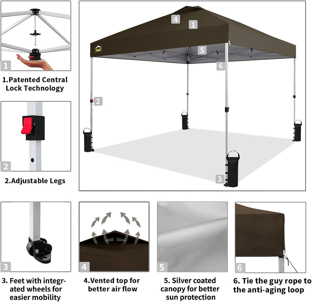 CROWN SHADES 10x10 Pop Up Canopy - Beach Tent with One Push Setup - Easy Outdoor Sun Shade for Events, Parties, Camping - Gazebo with STO-N-Go Cover Bag, Silver Coated Top, Grid White