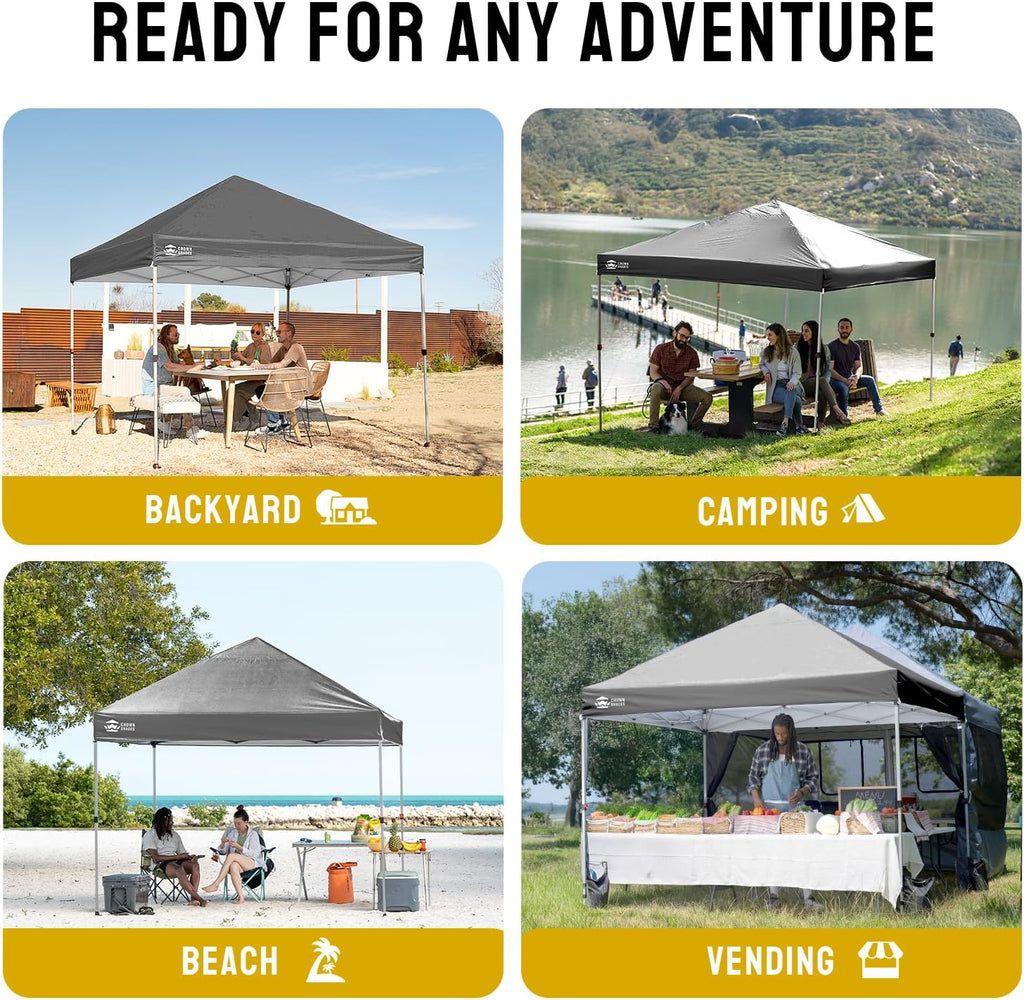 CROWN SHADES 10x10 Pop Up Canopy - Beach Tent with One Push Setup - Easy Outdoor Sun Shade for Events, Parties, Camping - Gazebo with STO-N-Go Cover Bag, Silver Coated Top, Grid White