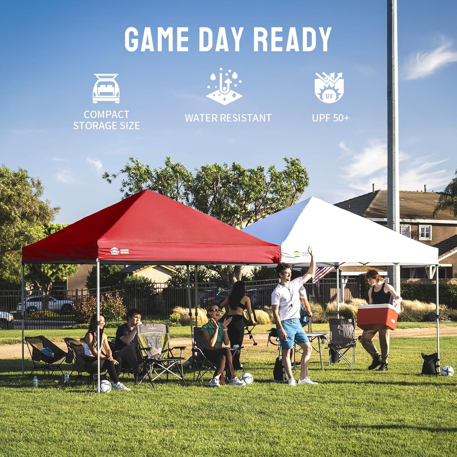 CROWN SHADES 10x10 Pop Up Canopy - Beach Tent with One Push Setup - Easy Outdoor Sun Shade for Events, Parties, Camping - Gazebo with STO-N-Go Cover Bag, Silver Coated Top, Grid White