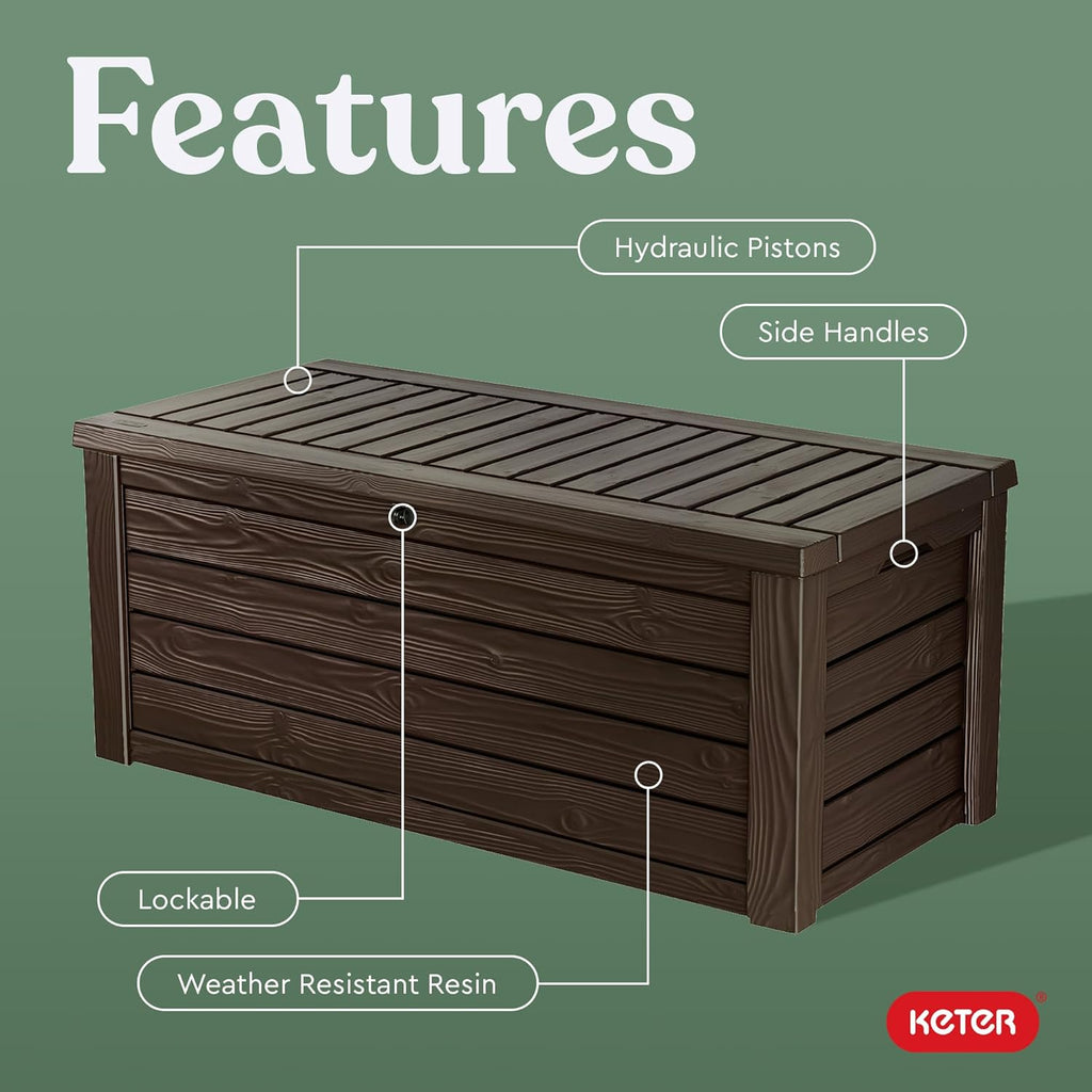 Keter Outdoor Storage Deck Box, 150 Gallon Resin Patio Bin & Bench, Wood Grain, Brown