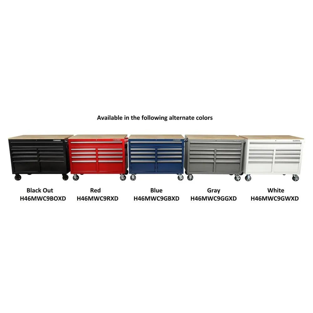 46 in. W x 24.5 in. D 9-Drawer Gloss Black Deep Tool Chest Mobile Workbench with Hardwood Top and Power Station