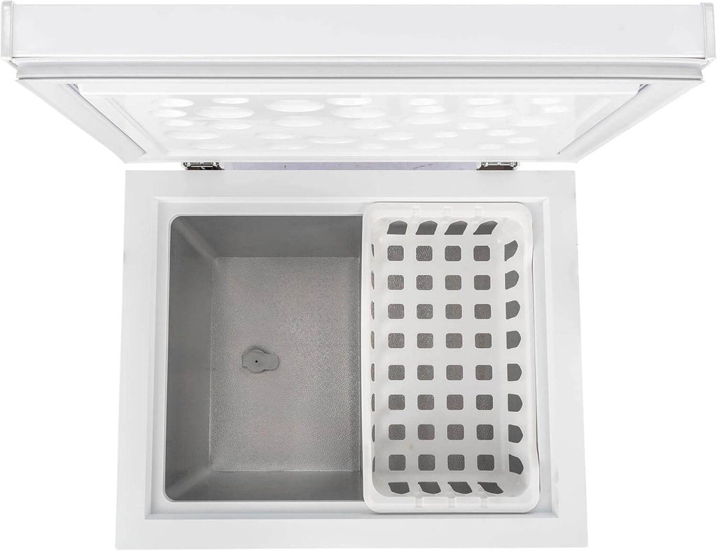 Frigidaire Chest Deep Freezer, 2.0 Cu. Ft. Capacity, Adjustable Thermostat-Removable Vinyl Coated Wire Basket-Easy Defrost Drain- Garage Ready- Pearl White