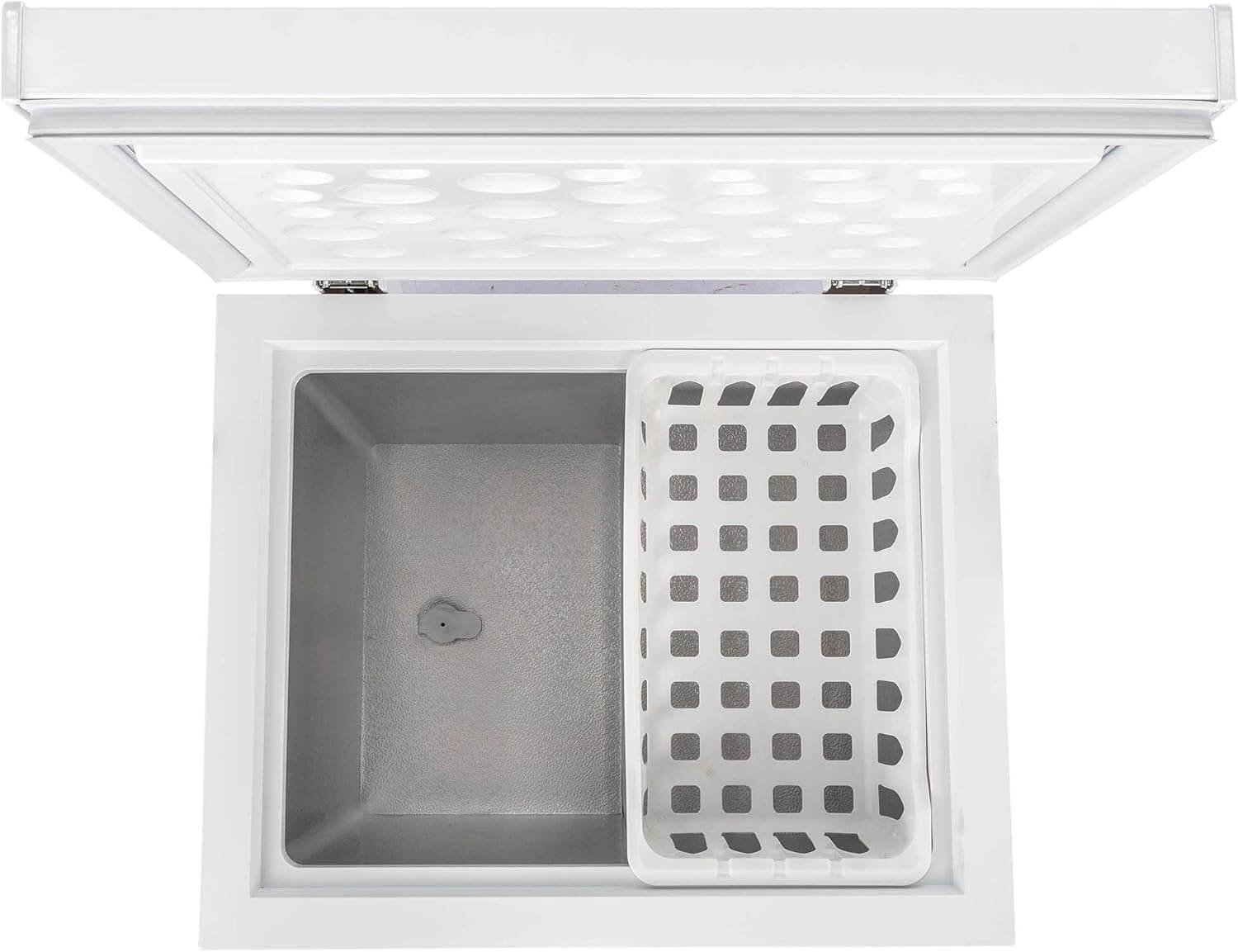 Frigidaire Chest Deep Freezer, 2.0 Cu. Ft. Capacity, Adjustable Thermostat-Removable Vinyl Coated Wire Basket-Easy Defrost Drain- Garage Ready- Pearl White