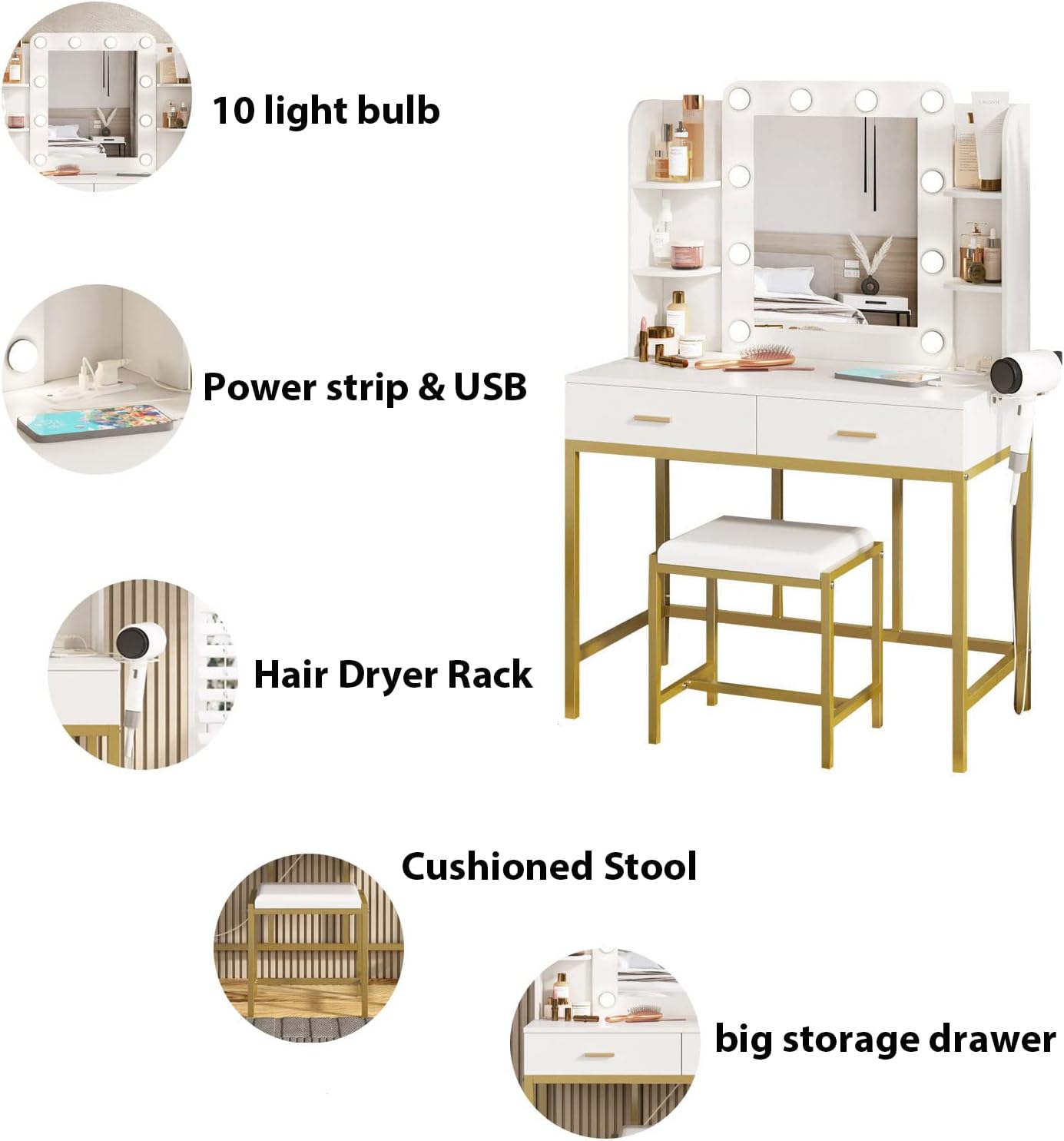 Vanity Desk with Lights,Makeup Vanity with Power Strip,Dressing Table Set with 2 Large Drawers,Vanity Mirror 3 Lighting Color Adjustable,White