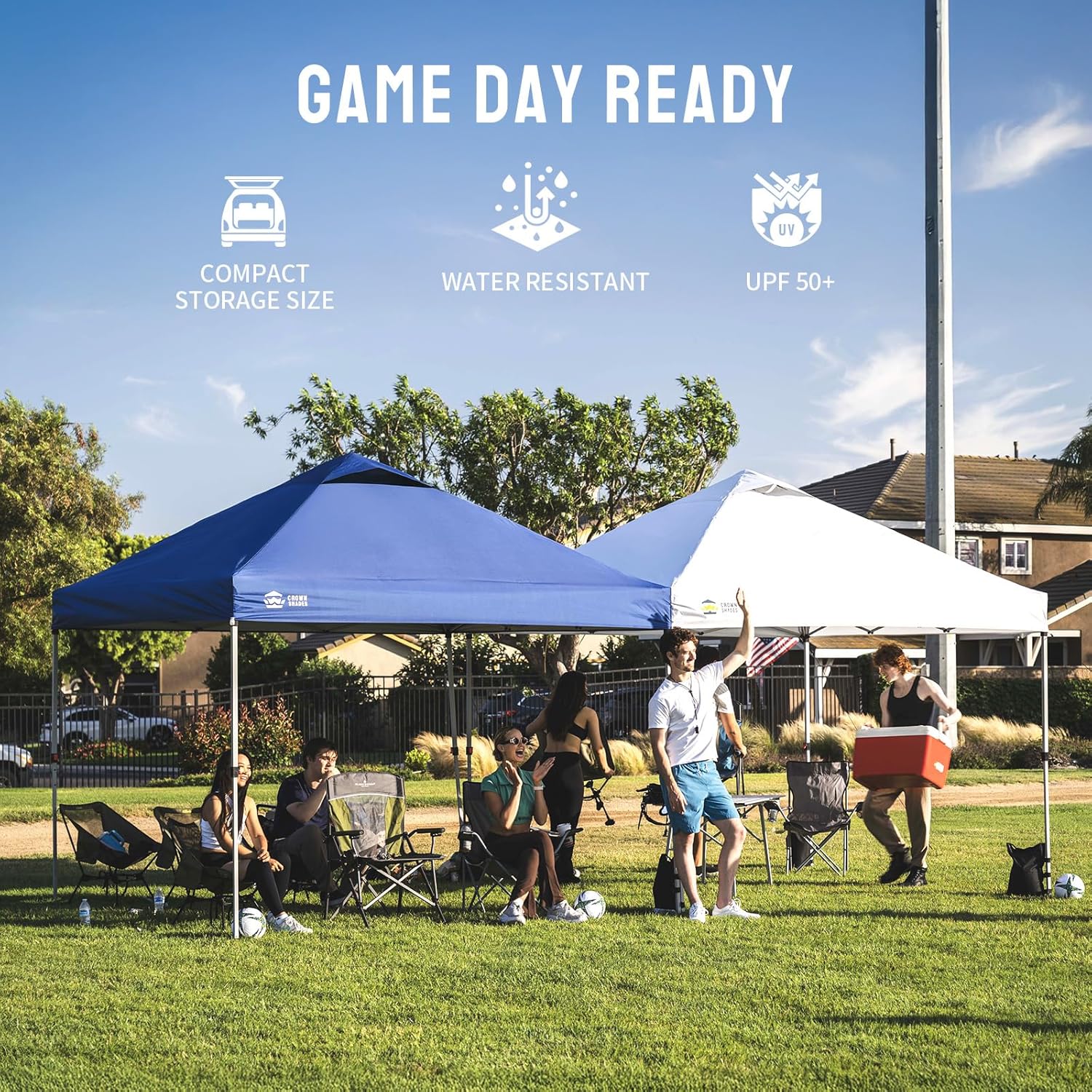 CROWN SHADES 10x10 Pop Up Canopy - Beach Tent with One Push Setup - Easy Outdoor Sun Shade for Events, Parties, Camping - Gazebo with STO-N-Go Cover Bag, Silver Coated Top, Grid White