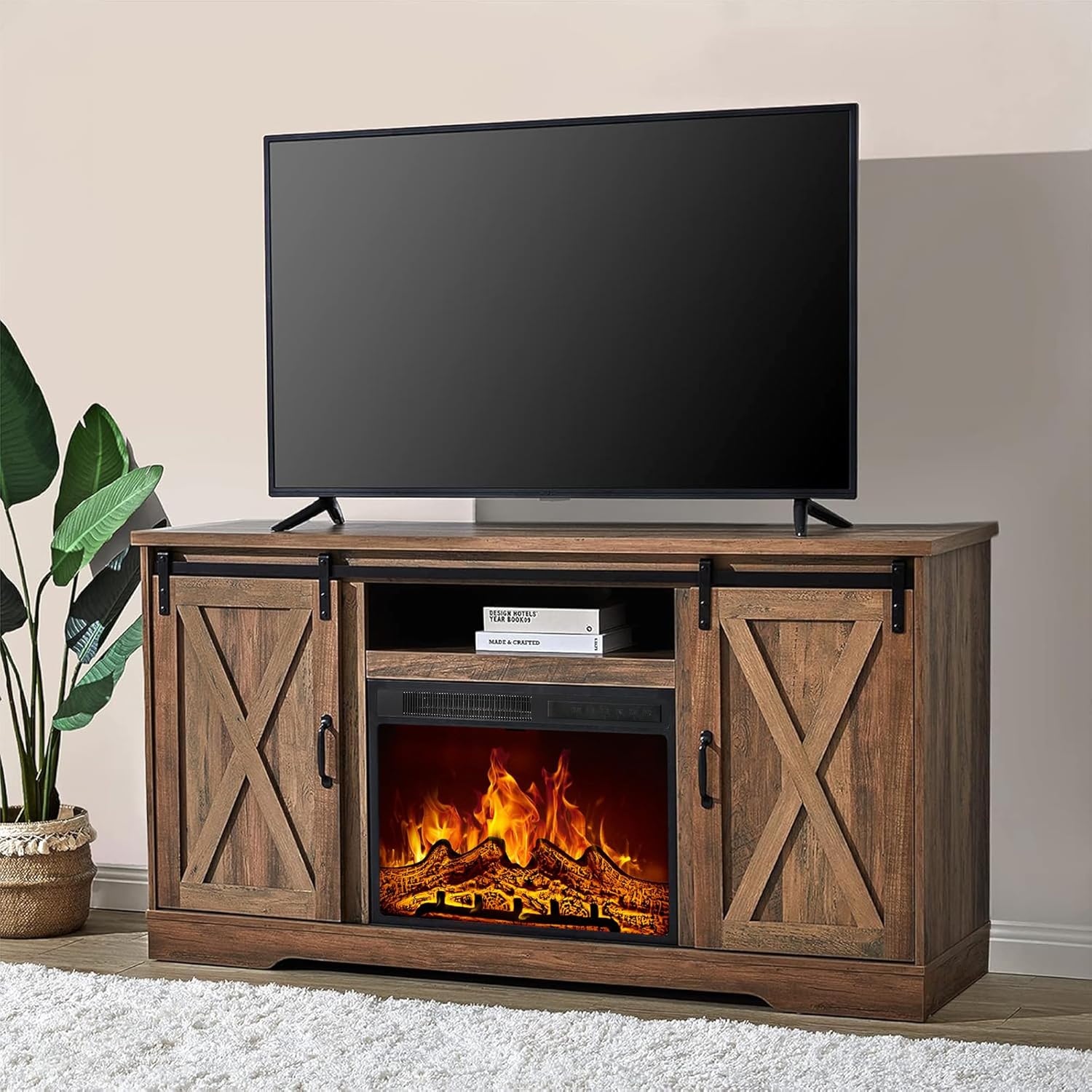 AMERLIFE Fireplace TV Stand with Sliding Barn Door for TVs up to 65", Farmhouse 59" Fireplace Entertainment Center with Storage Cabinets/Adjustable Shelves, Distressed White & Barnwood