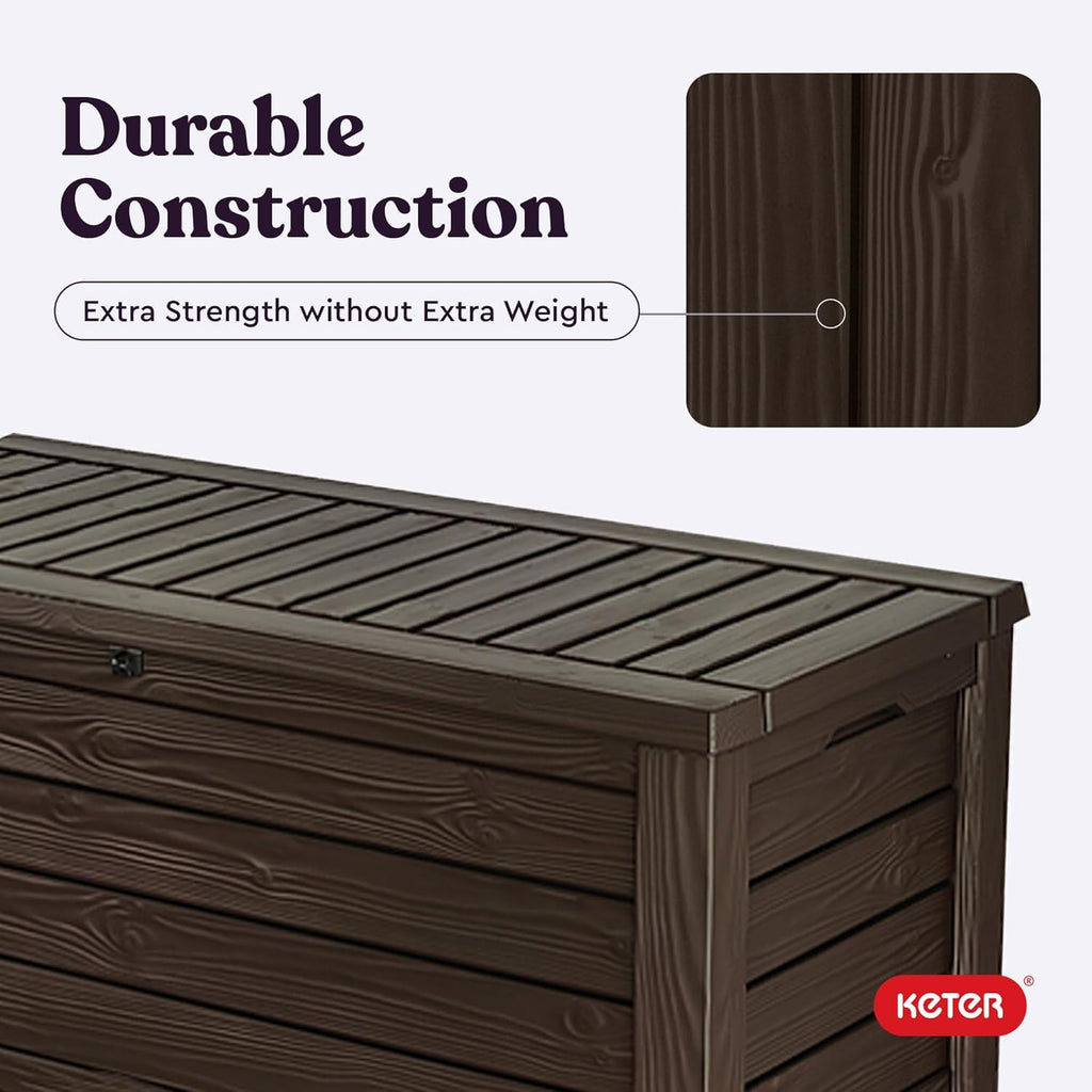 Keter Outdoor Storage Deck Box, 150 Gallon Resin Patio Bin & Bench, Wood Grain, Brown