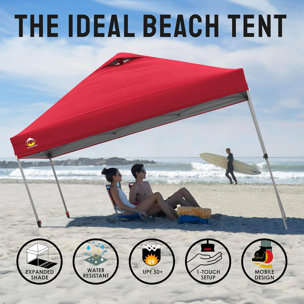 CROWN SHADES 10x10 Pop Up Canopy - Beach Tent with One Push Setup - Easy Outdoor Sun Shade for Events, Parties, Camping - Gazebo with STO-N-Go Cover Bag, Silver Coated Top, Grid White