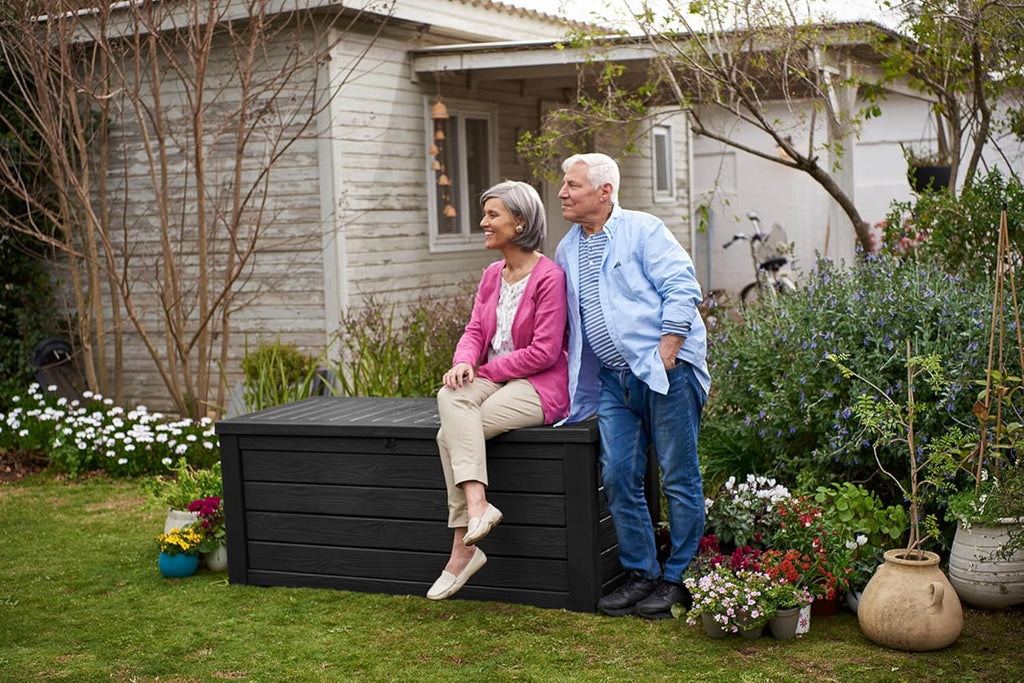 Keter Outdoor Storage Deck Box, 150 Gallon Resin Patio Bin & Bench, Wood Grain, Brown