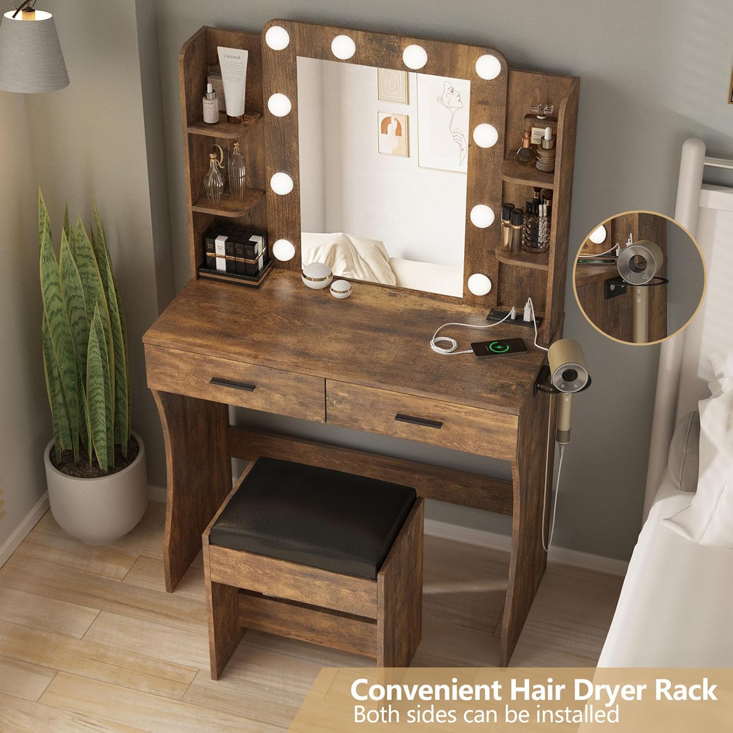 Vanity Desk with Lights,Makeup Vanity with Power Strip,Dressing Table Set with 2 Large Drawers,Vanity Mirror 3 Lighting Color Adjustable,White