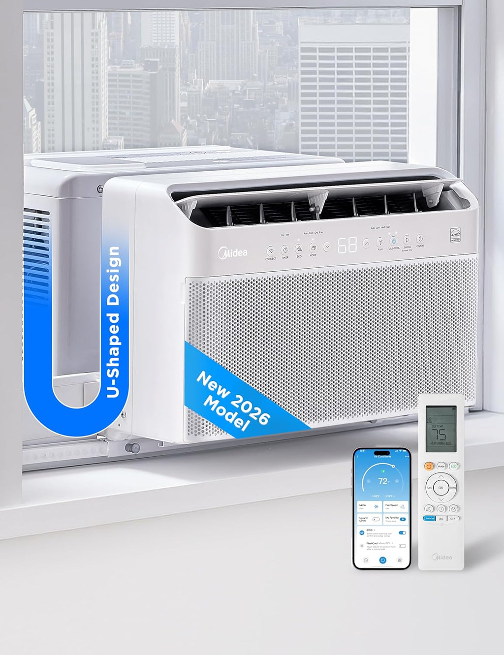 Midea 8,000 BTU U Shaped Smart Inverter Window Air Conditioner - Cools 350 Sq Ft, Ultra Quiet with Open Window Flexibility - Alexa/Google Assistant Compatible - 37% Energy Savings, Remote (Updated)