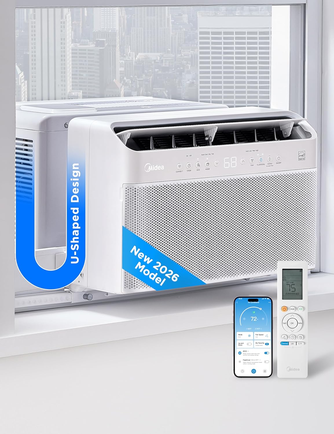 Midea 8,000 BTU U Shaped Smart Inverter Window Air Conditioner - Cools 350 Sq Ft, Ultra Quiet with Open Window Flexibility - Alexa/Google Assistant Compatible - 37% Energy Savings, Remote (Updated)