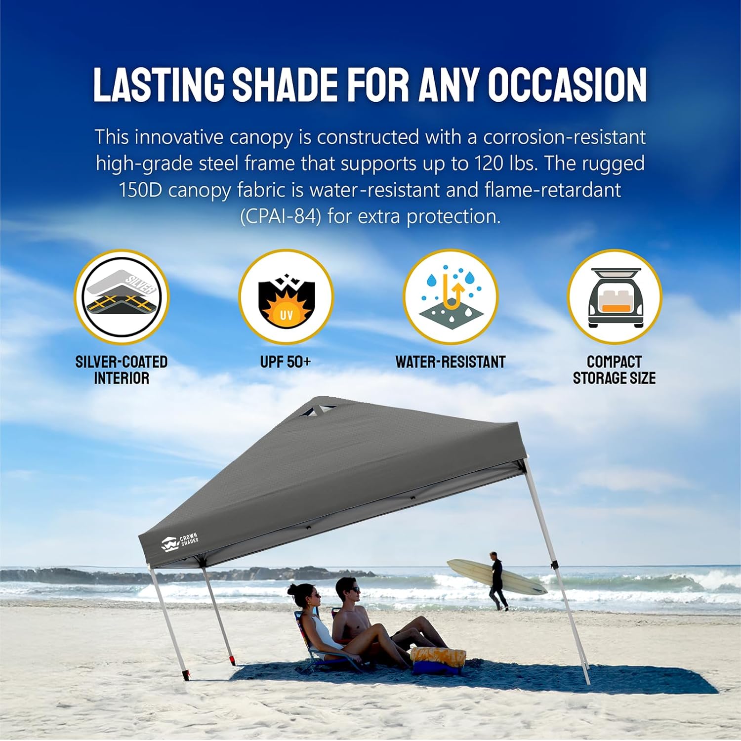 CROWN SHADES 10x10 Pop Up Canopy - Beach Tent with One Push Setup - Easy Outdoor Sun Shade for Events, Parties, Camping - Gazebo with STO-N-Go Cover Bag, Silver Coated Top, Grid White
