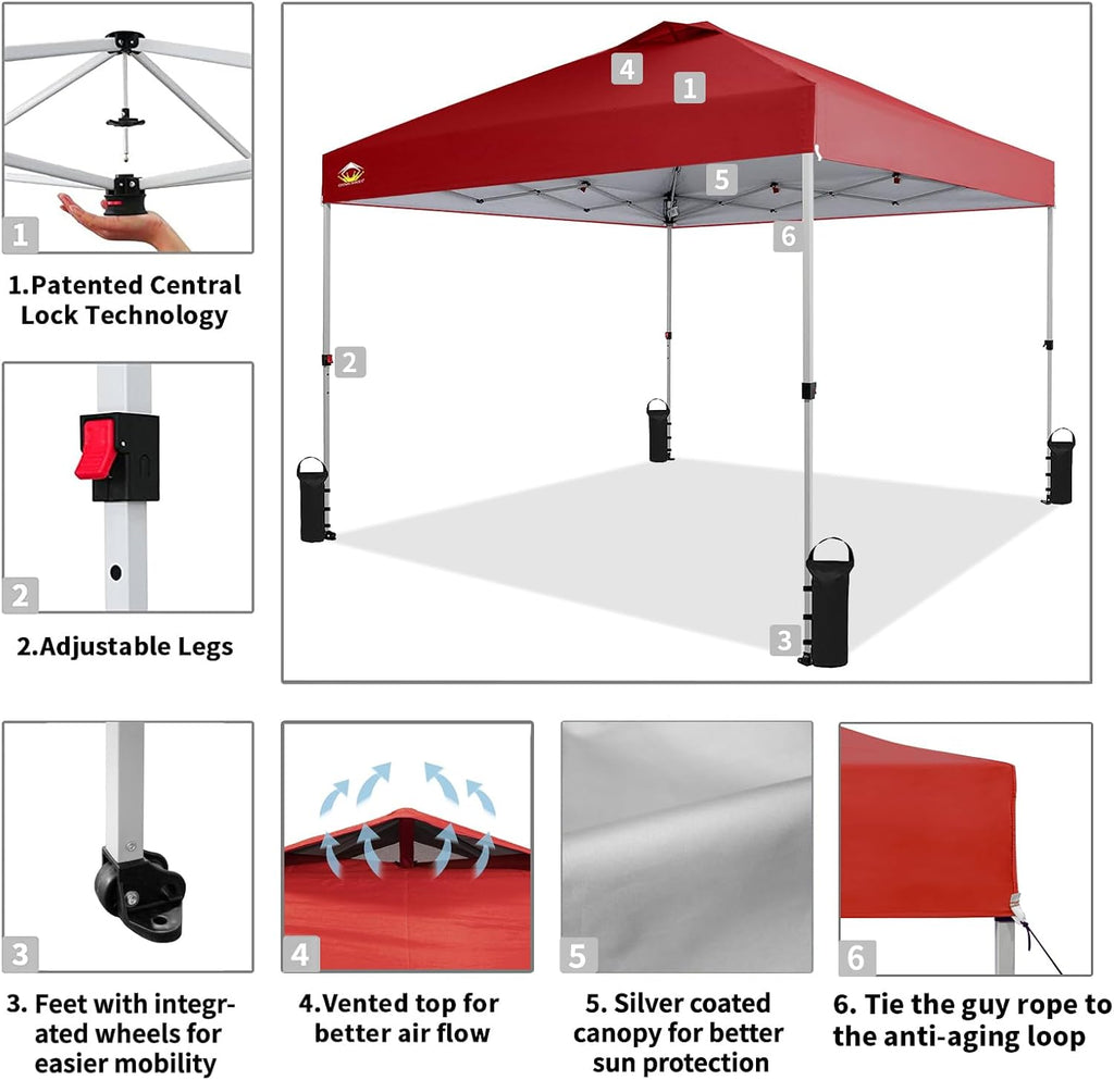 CROWN SHADES 10x10 Pop Up Canopy - Beach Tent with One Push Setup - Easy Outdoor Sun Shade for Events, Parties, Camping - Gazebo with STO-N-Go Cover Bag, Silver Coated Top, Grid White