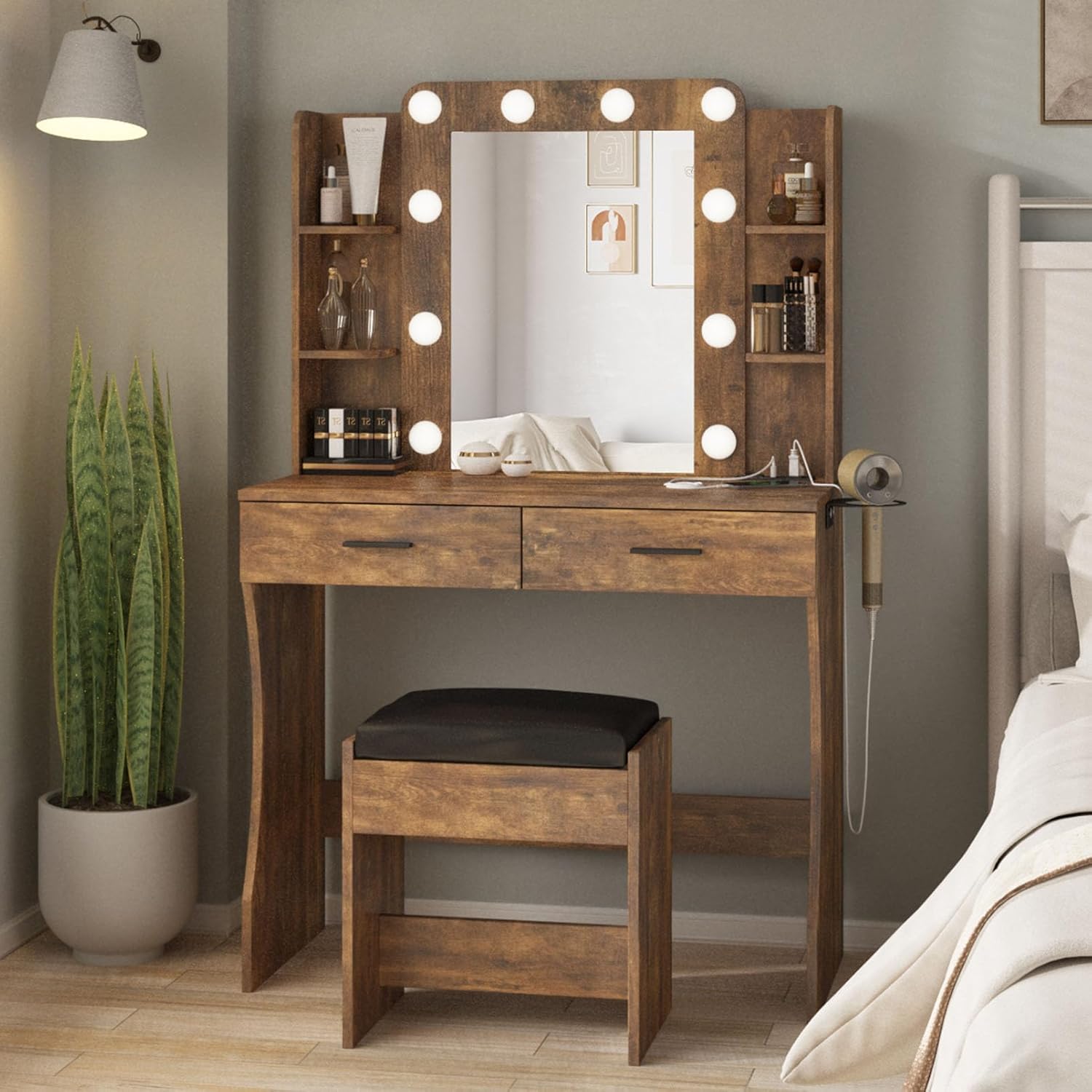 Vanity Desk with Lights,Makeup Vanity with Power Strip,Dressing Table Set with 2 Large Drawers,Vanity Mirror 3 Lighting Color Adjustable,White