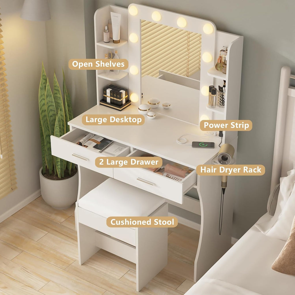 Vanity Desk with Lights,Makeup Vanity with Power Strip,Dressing Table Set with 2 Large Drawers,Vanity Mirror 3 Lighting Color Adjustable,White