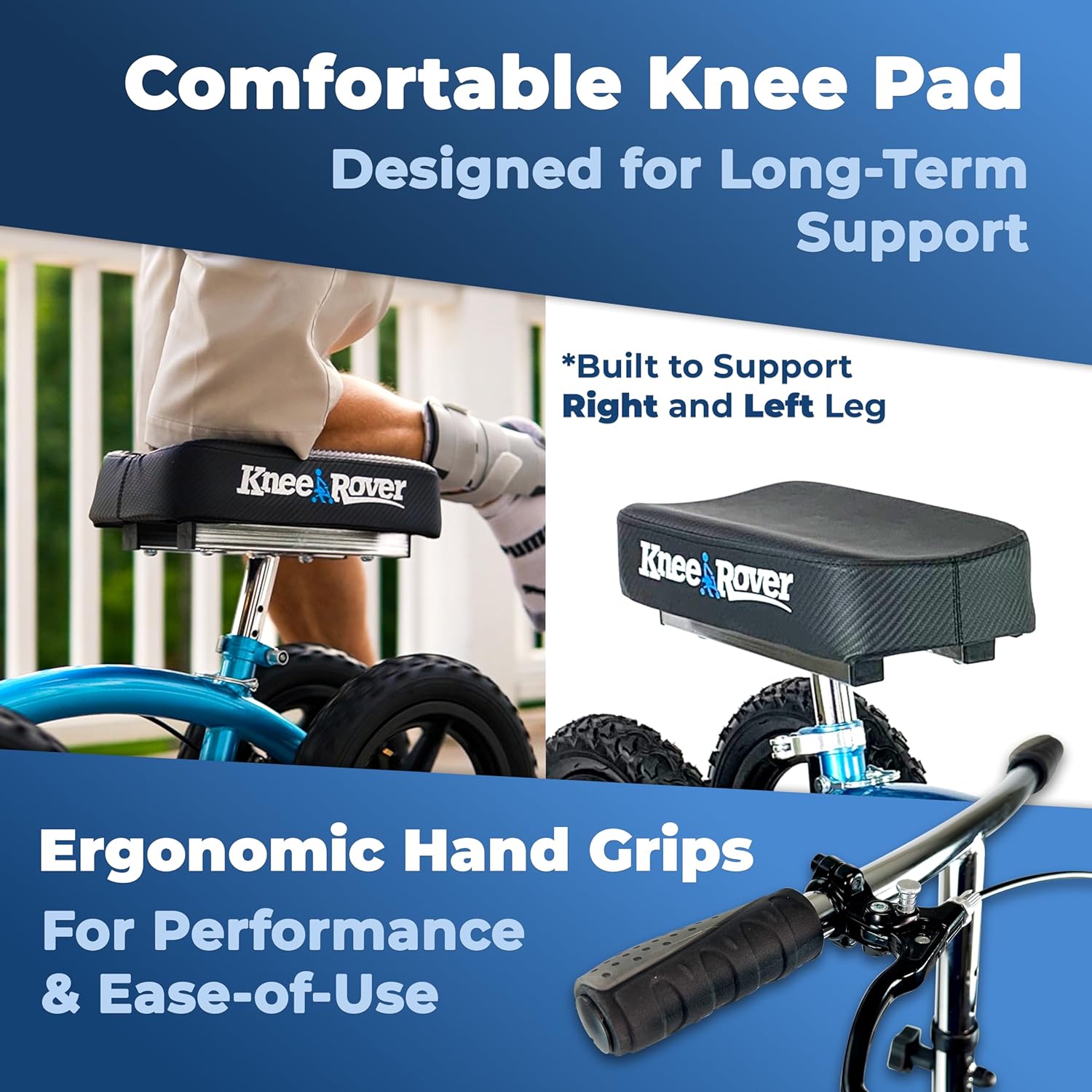 KneeRover Quad All Terrain Knee Scooter for Adults for Foot Surgery Heavy Duty Knee Walker for Broken Ankle Foot Injuries Recovery - Leg Scooter Best Knee Crutch Alternative (Metallic Blue)