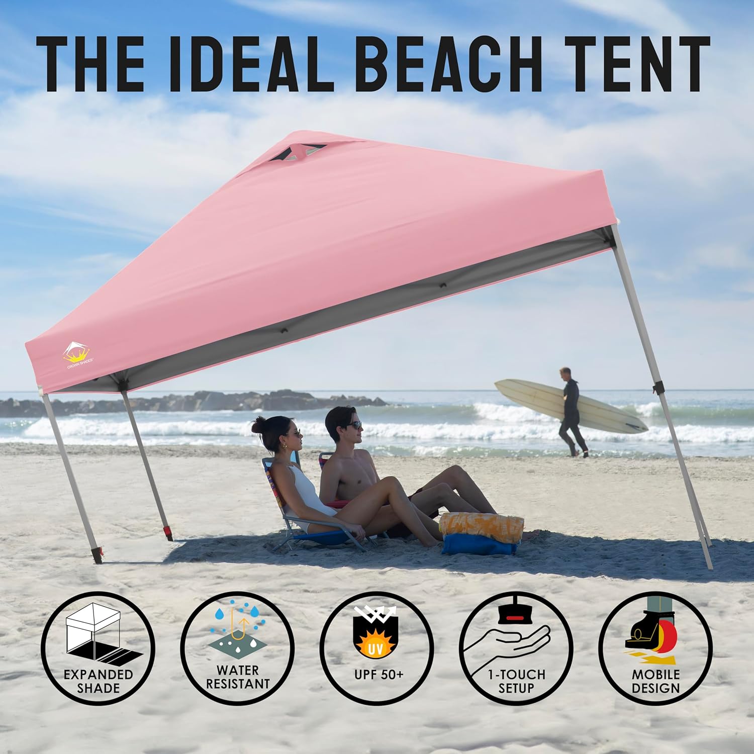 CROWN SHADES 10x10 Pop Up Canopy - Beach Tent with One Push Setup - Easy Outdoor Sun Shade for Events, Parties, Camping - Gazebo with STO-N-Go Cover Bag, Silver Coated Top, Grid White
