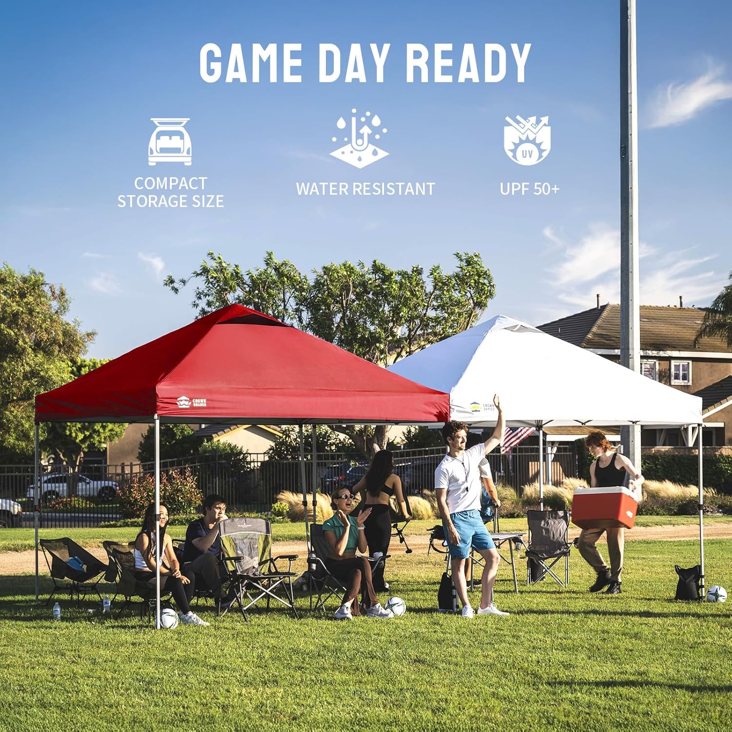 CROWN SHADES 10x10 Pop Up Canopy - Beach Tent with One Push Setup - Easy Outdoor Sun Shade for Events, Parties, Camping - Gazebo with STO-N-Go Cover Bag, Silver Coated Top, Grid White