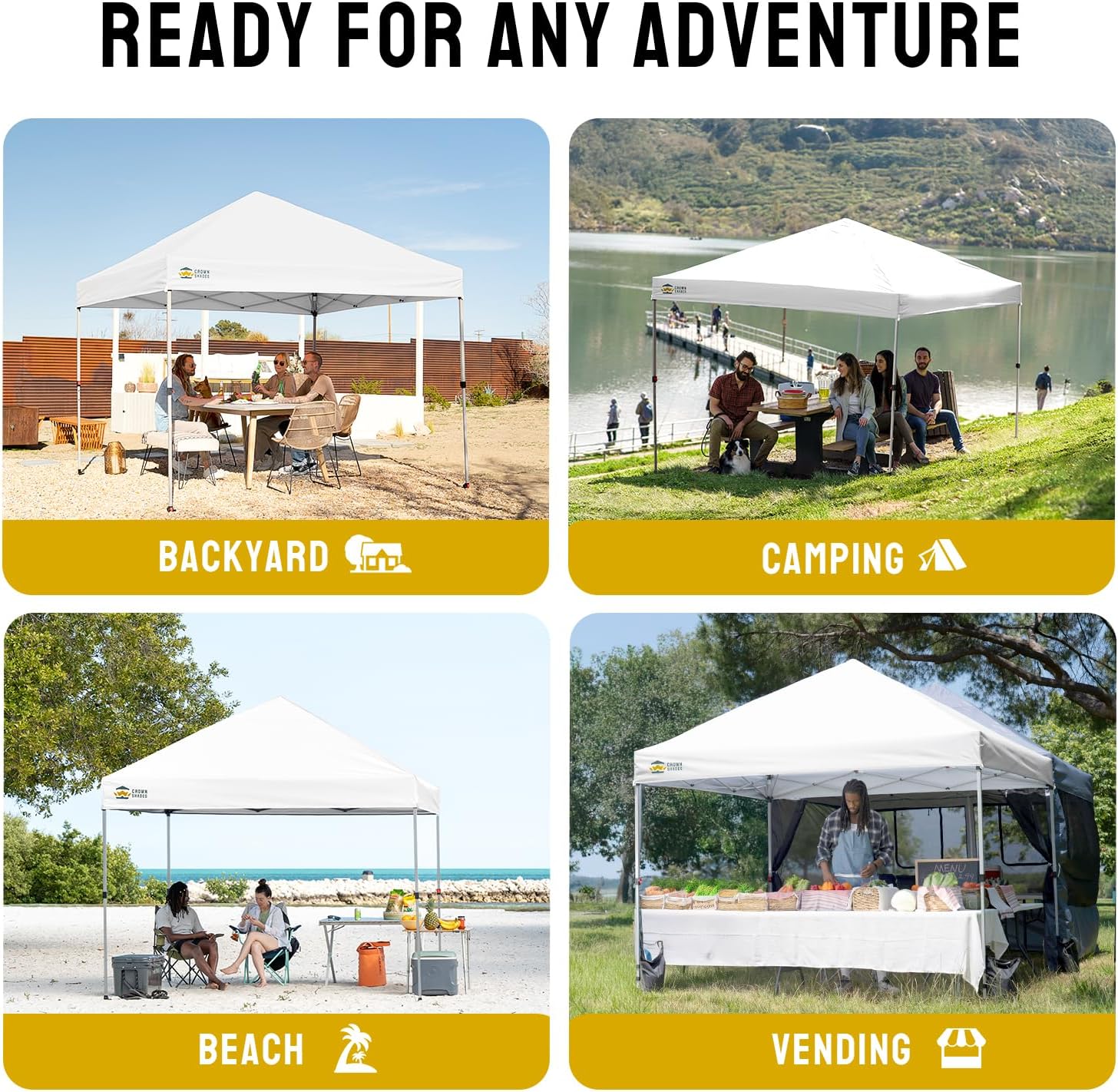 CROWN SHADES 10x10 Pop Up Canopy - Beach Tent with One Push Setup - Easy Outdoor Sun Shade for Events, Parties, Camping - Gazebo with STO-N-Go Cover Bag, Silver Coated Top, Grid White