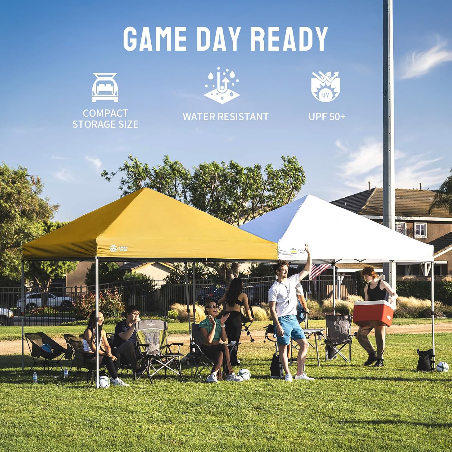 CROWN SHADES 10x10 Pop Up Canopy - Beach Tent with One Push Setup - Easy Outdoor Sun Shade for Events, Parties, Camping - Gazebo with STO-N-Go Cover Bag, Silver Coated Top, Grid White