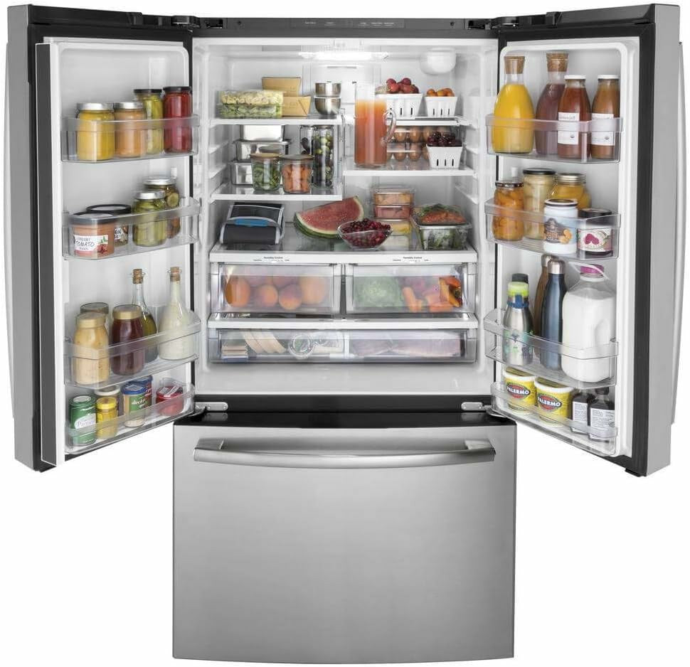 GE GNE27JYMFS 36" French Door Refrigerator with 27 cu. ft. Total Capacity Energy Star LED Lighting Internal Water Dispenser Spill-Proof Shelves in Fingerprint Resistant Stainless Steel
