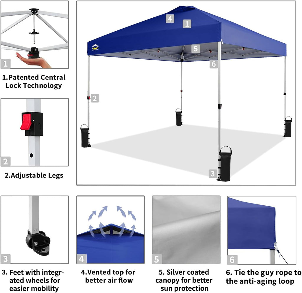 CROWN SHADES 10x10 Pop Up Canopy - Beach Tent with One Push Setup - Easy Outdoor Sun Shade for Events, Parties, Camping - Gazebo with STO-N-Go Cover Bag, Silver Coated Top, Grid White