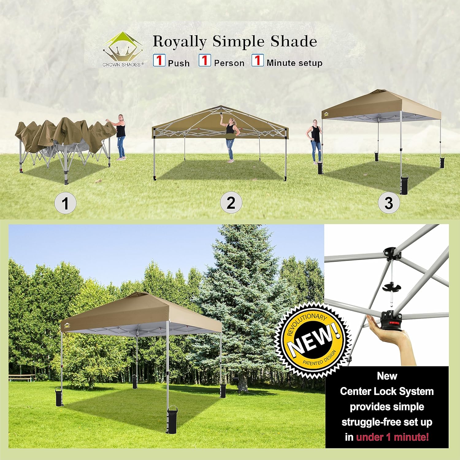 CROWN SHADES 10x10 Pop Up Canopy - Beach Tent with One Push Setup - Easy Outdoor Sun Shade for Events, Parties, Camping - Gazebo with STO-N-Go Cover Bag, Silver Coated Top, Grid White