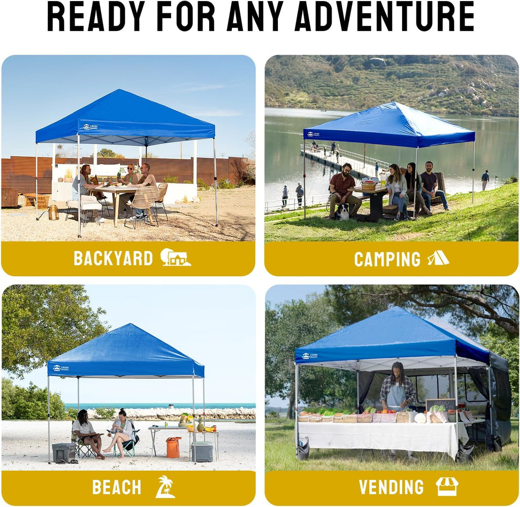 CROWN SHADES 10x10 Pop Up Canopy - Beach Tent with One Push Setup - Easy Outdoor Sun Shade for Events, Parties, Camping - Gazebo with STO-N-Go Cover Bag, Silver Coated Top, Grid White