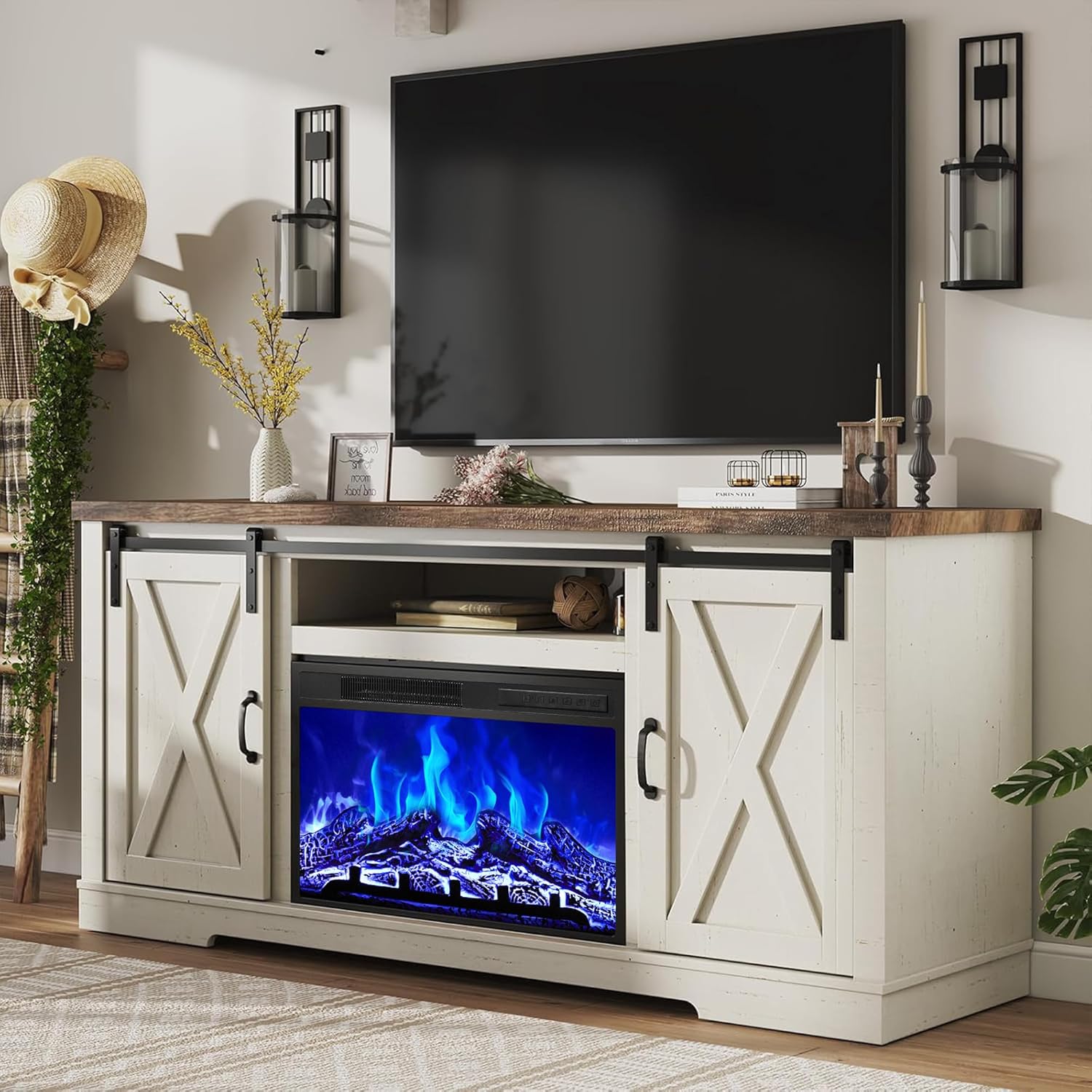 AMERLIFE Fireplace TV Stand with Sliding Barn Door for TVs up to 65", Farmhouse 59" Fireplace Entertainment Center with Storage Cabinets/Adjustable Shelves, Distressed White & Barnwood