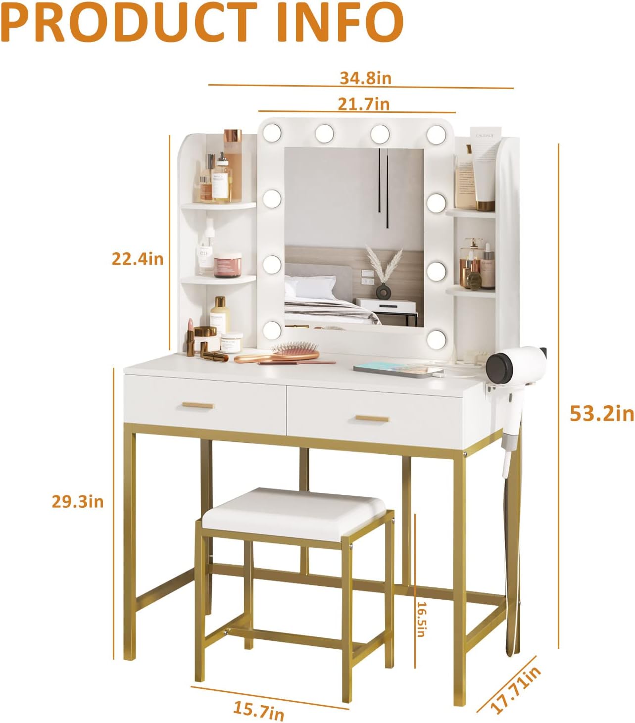 Vanity Desk with Lights,Makeup Vanity with Power Strip,Dressing Table Set with 2 Large Drawers,Vanity Mirror 3 Lighting Color Adjustable,White
