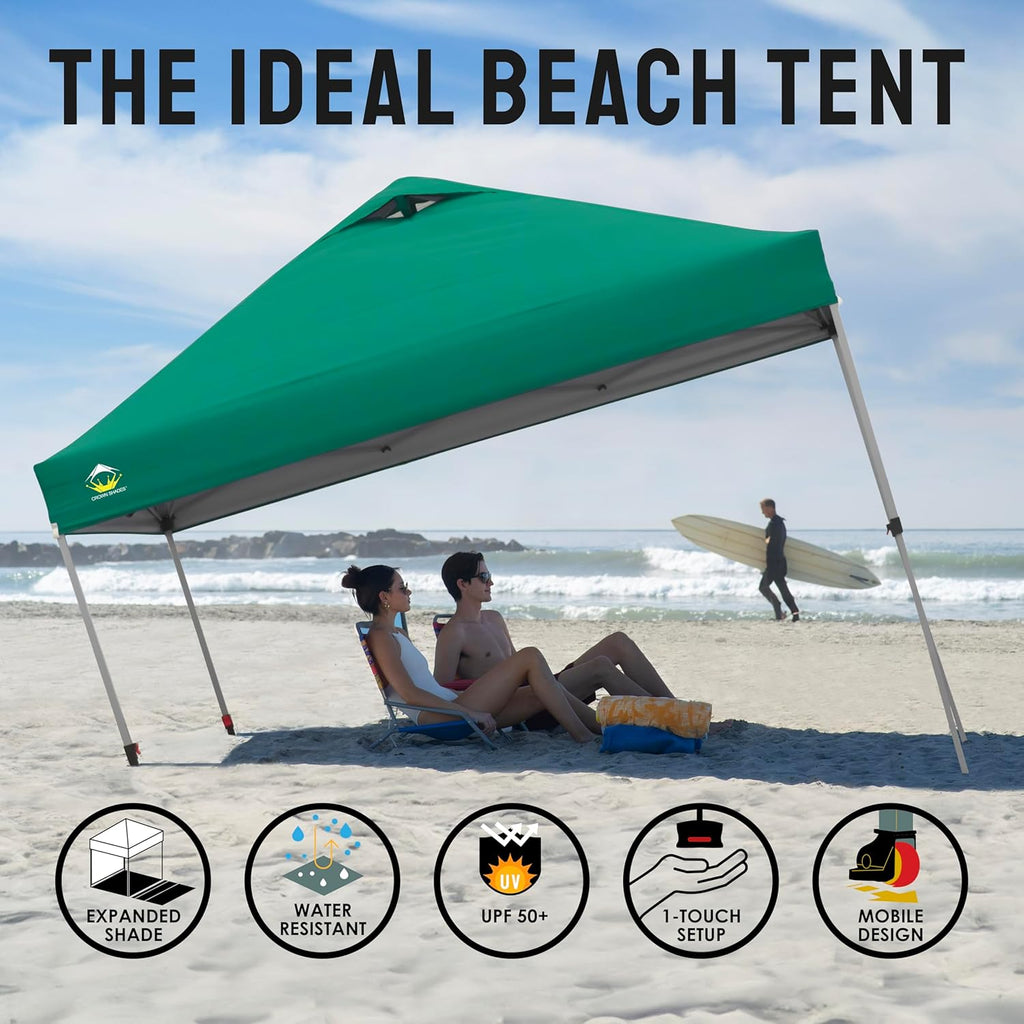 CROWN SHADES 10x10 Pop Up Canopy - Beach Tent with One Push Setup - Easy Outdoor Sun Shade for Events, Parties, Camping - Gazebo with STO-N-Go Cover Bag, Silver Coated Top, Grid White