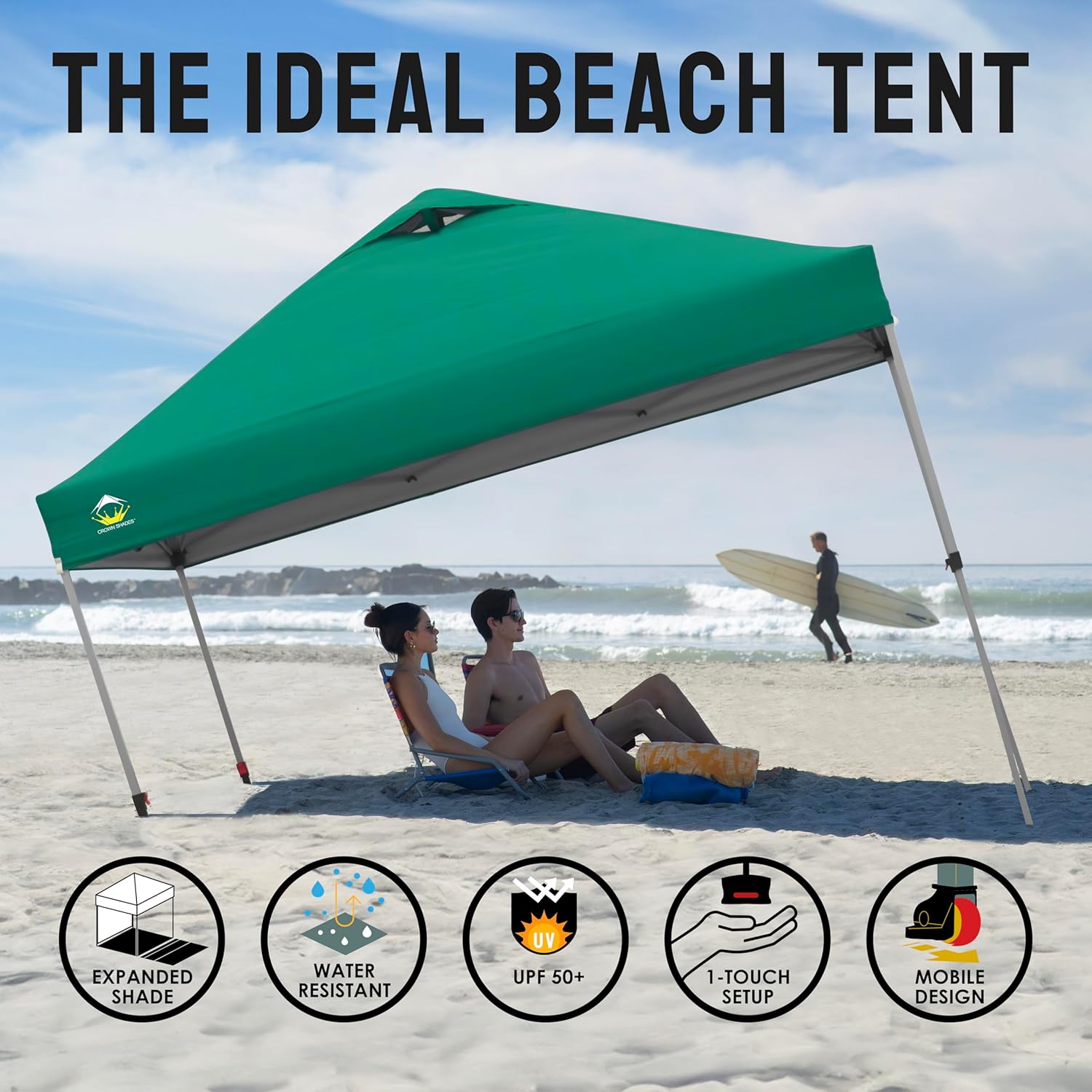 CROWN SHADES 10x10 Pop Up Canopy - Beach Tent with One Push Setup - Easy Outdoor Sun Shade for Events, Parties, Camping - Gazebo with STO-N-Go Cover Bag, Silver Coated Top, Grid White