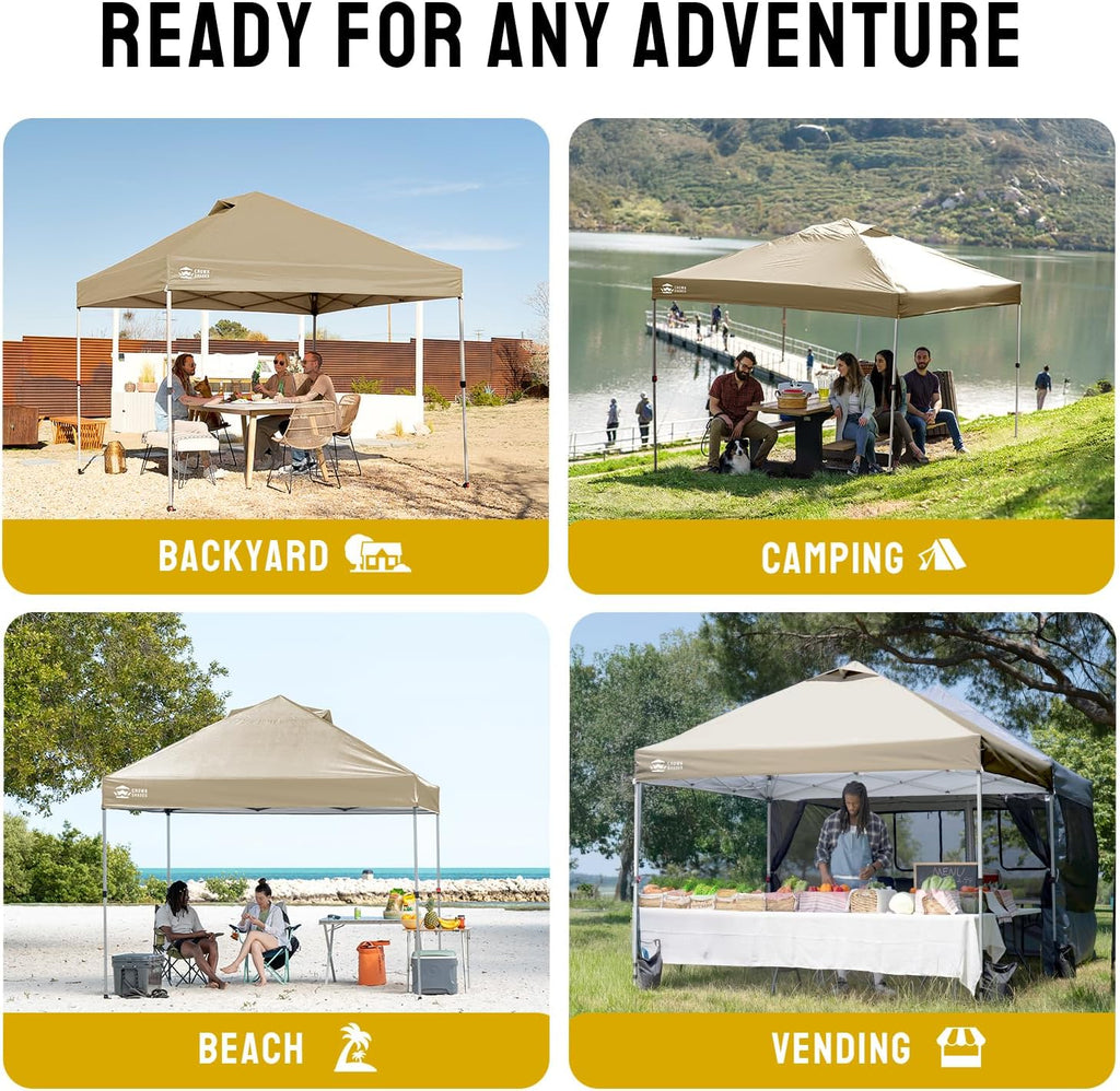 CROWN SHADES 10x10 Pop Up Canopy - Beach Tent with One Push Setup - Easy Outdoor Sun Shade for Events, Parties, Camping - Gazebo with STO-N-Go Cover Bag, Silver Coated Top, Grid White