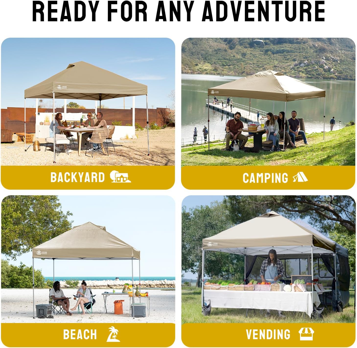 CROWN SHADES 10x10 Pop Up Canopy - Beach Tent with One Push Setup - Easy Outdoor Sun Shade for Events, Parties, Camping - Gazebo with STO-N-Go Cover Bag, Silver Coated Top, Grid White